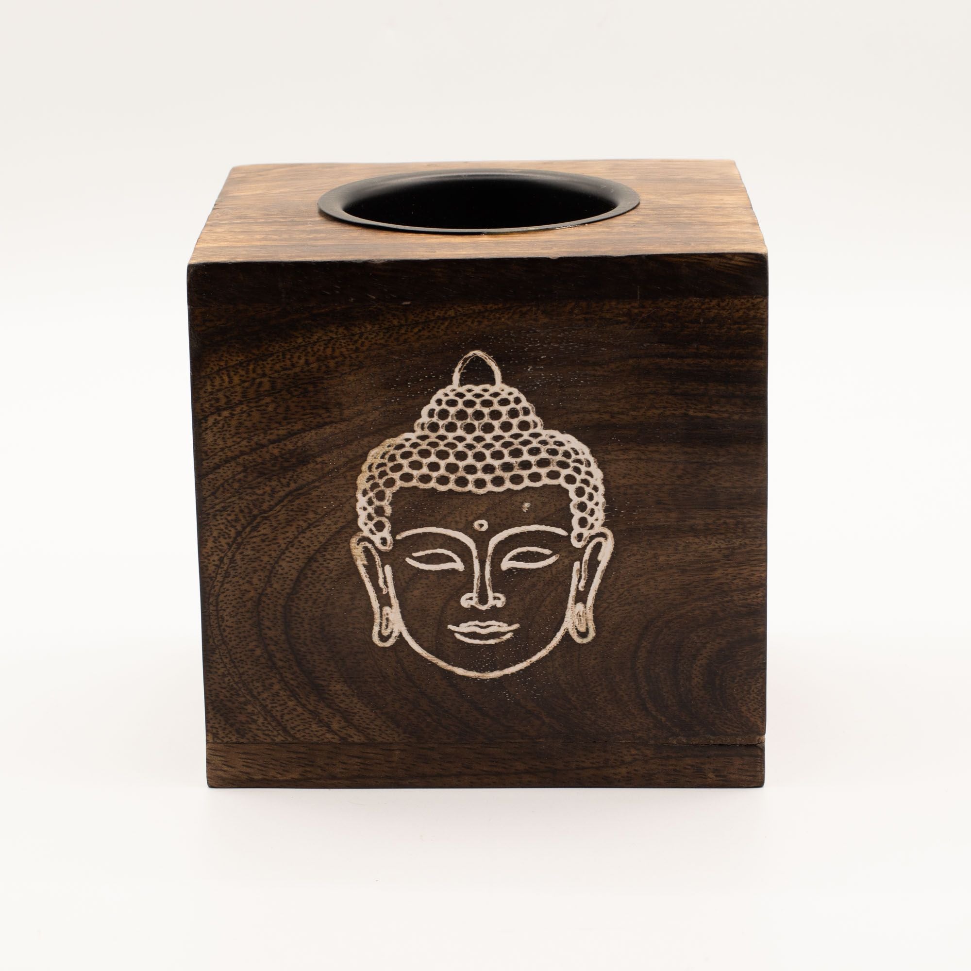 Large Square Mango Wood Oil Burner with Buddha Face Design