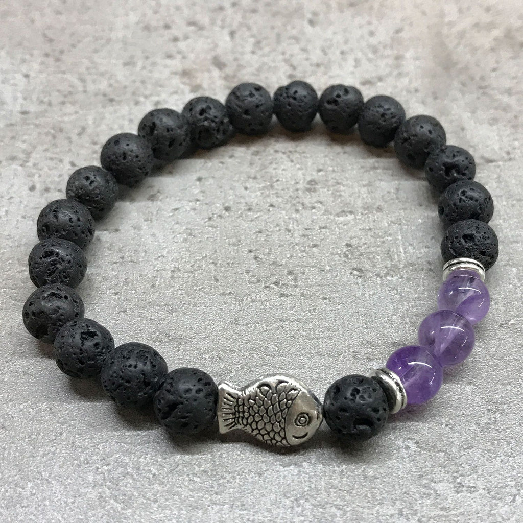 Lava Stone Bracelet with Fish Amethyst for Aromatherapy Style