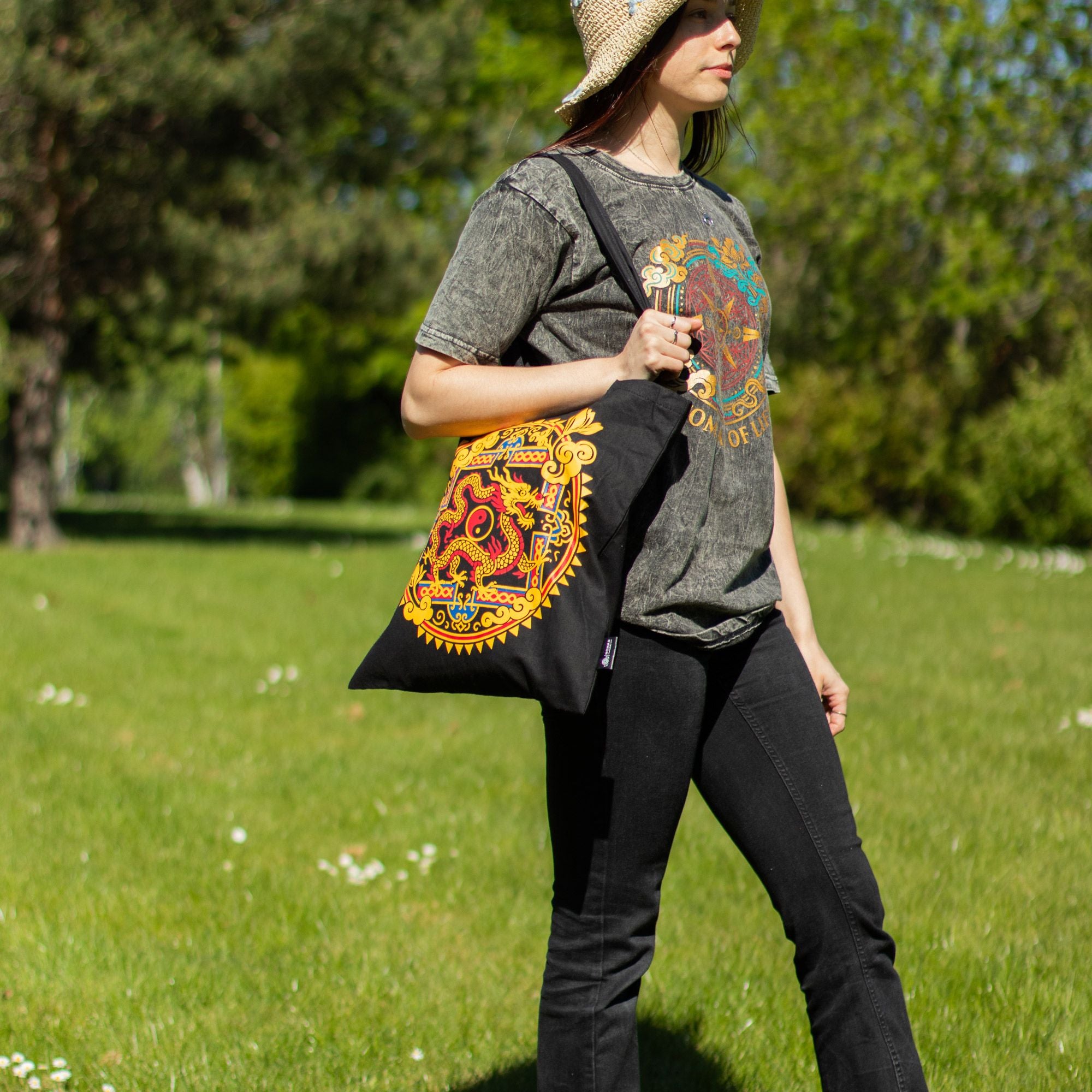 Iconic Classic Tote Bag in Black with Dragon Yin Yang Design