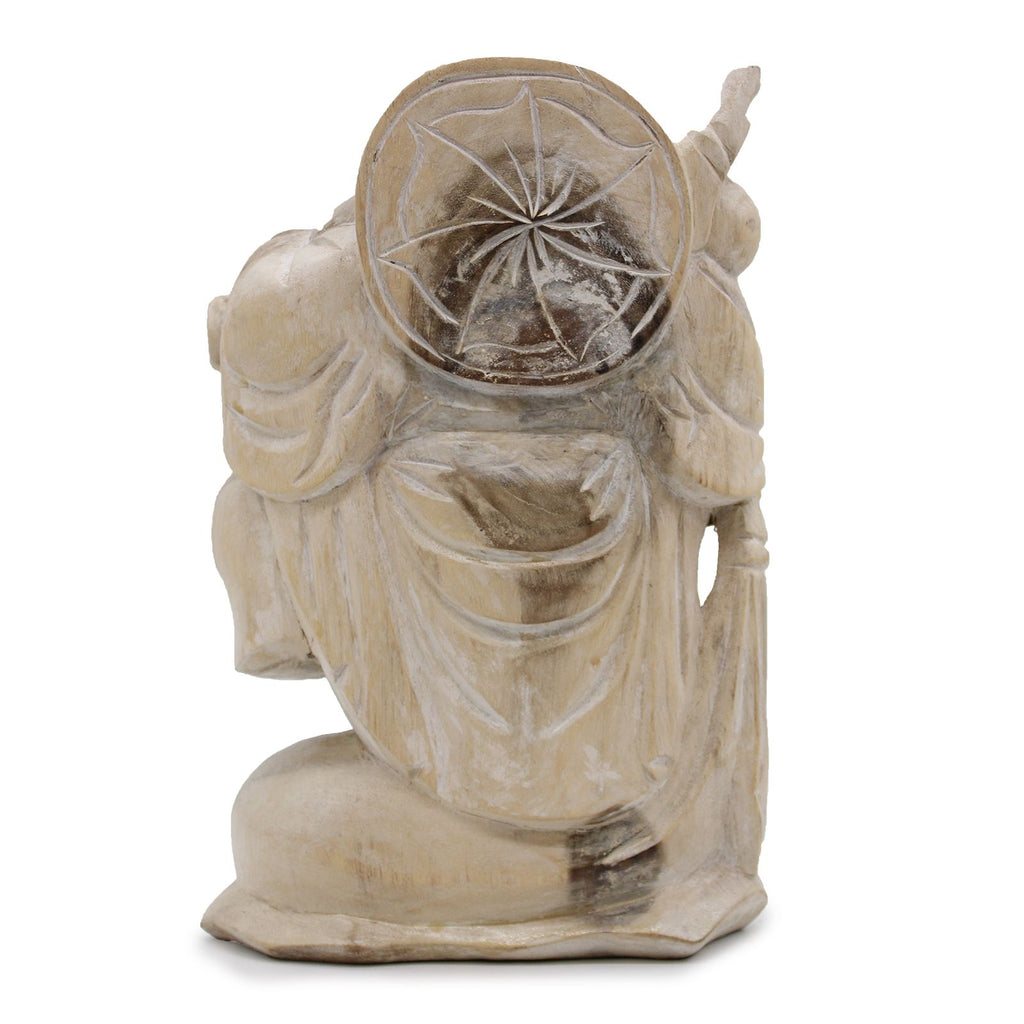 Happy Buddha Bring Wood Whitewash Hand Carved Statue 30cm