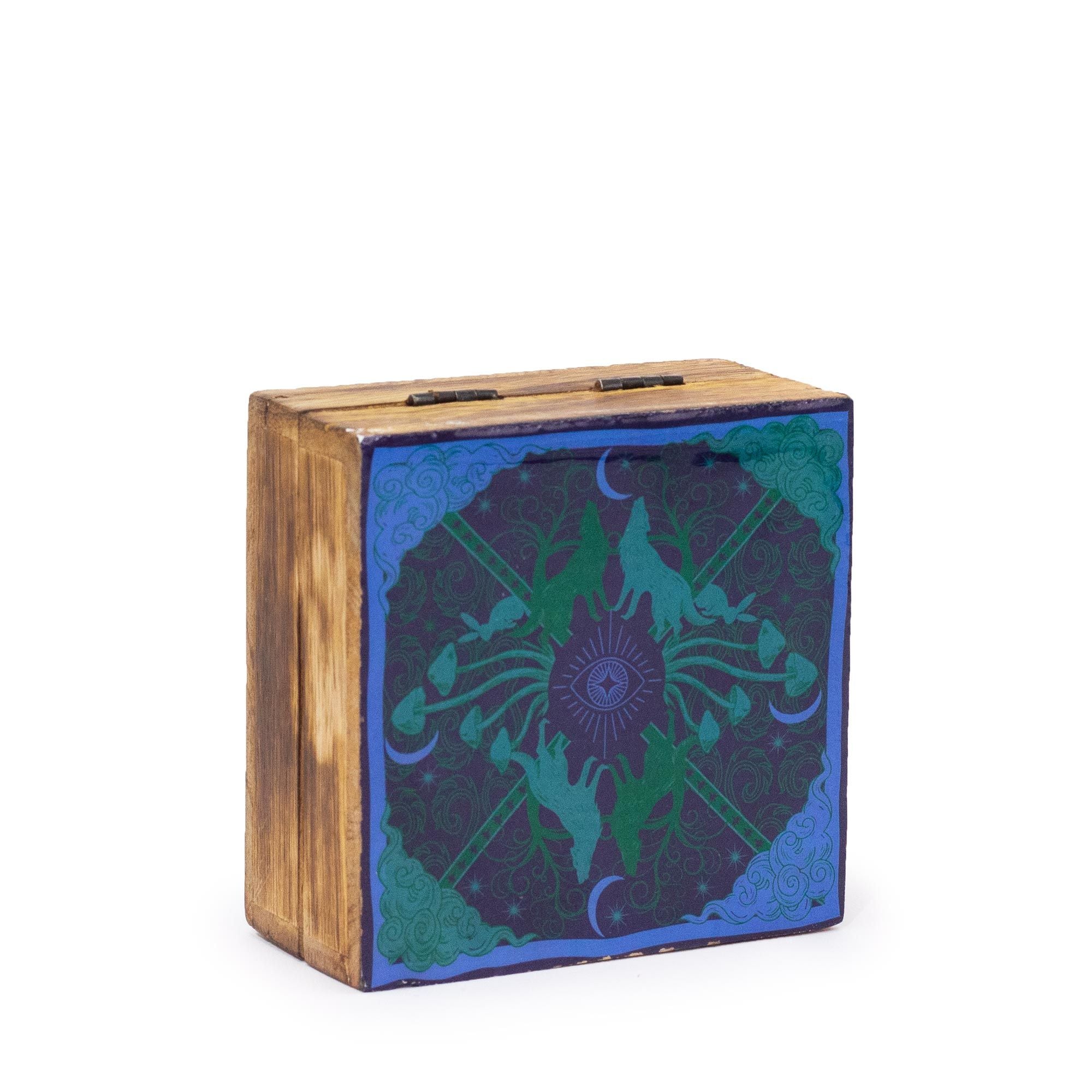 Hop Hare Small Enameled Square Box with Wolf & Moon Design