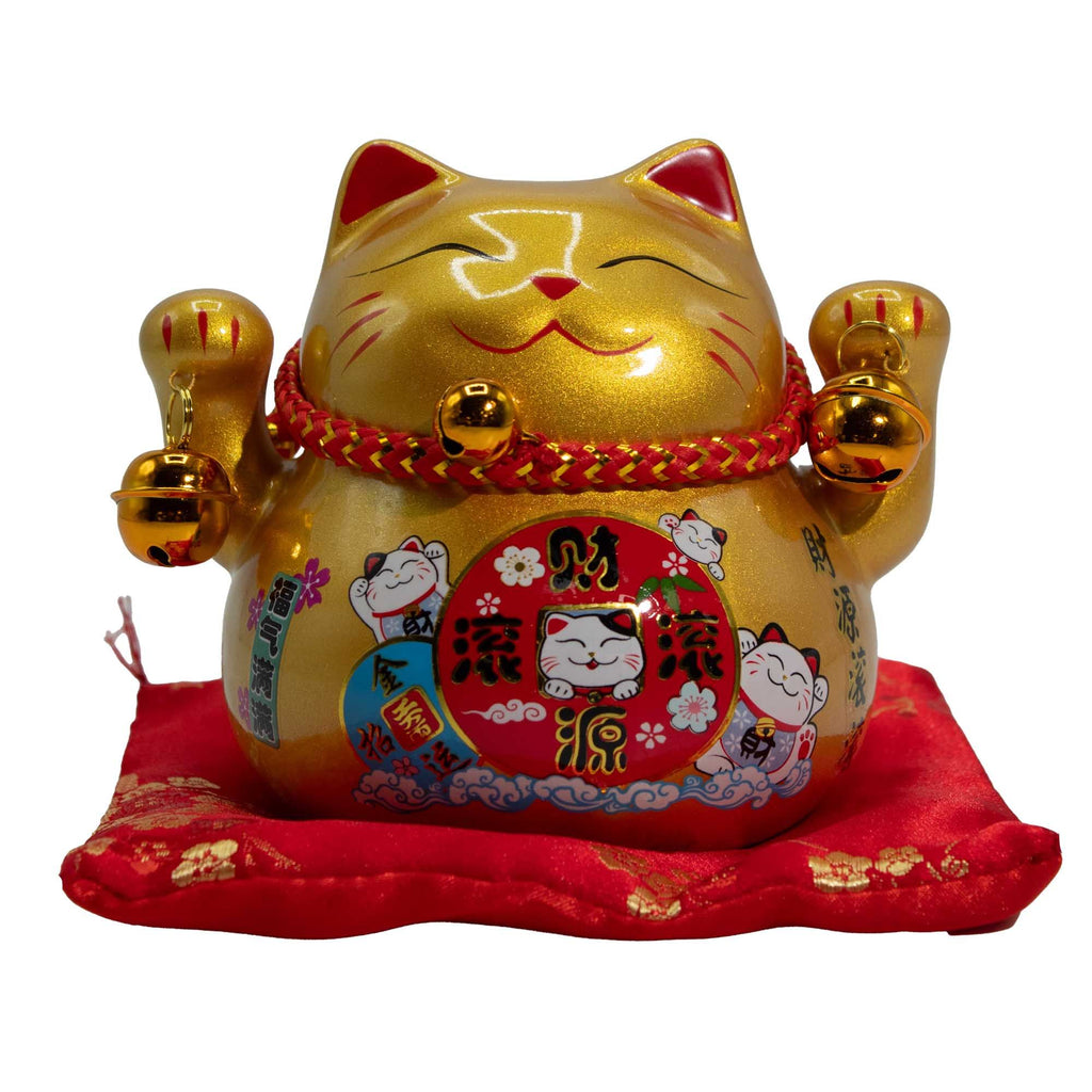 Ceramic Money Cat Bank in Gold on Cushion for Home Decor