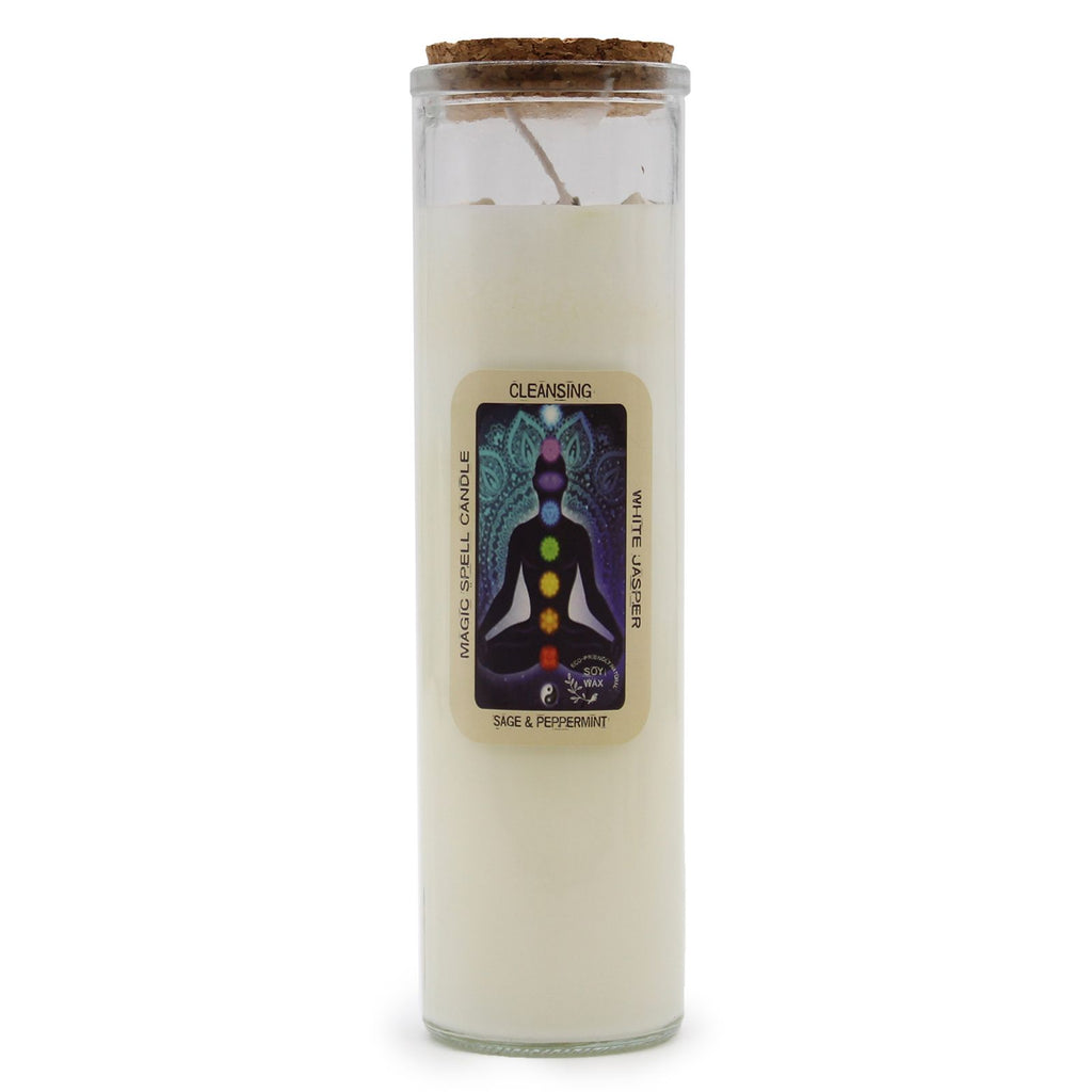 Magic Spell Candle for Cleansing with White Jasper and Sage Aroma