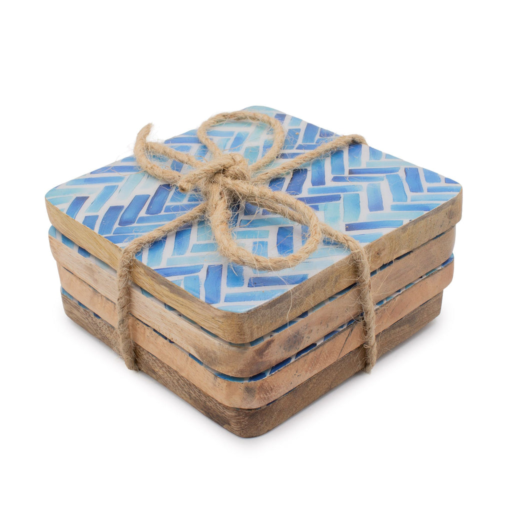 Set of 4 Square Coasters with Blue Stripes for Home Decor