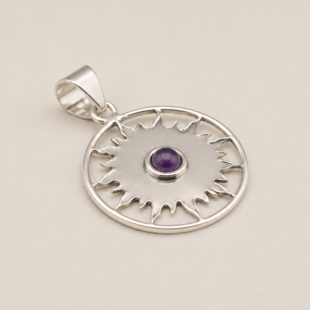 Indian Devotional Pendant with Silver Plated Sun Motif and Amethyst