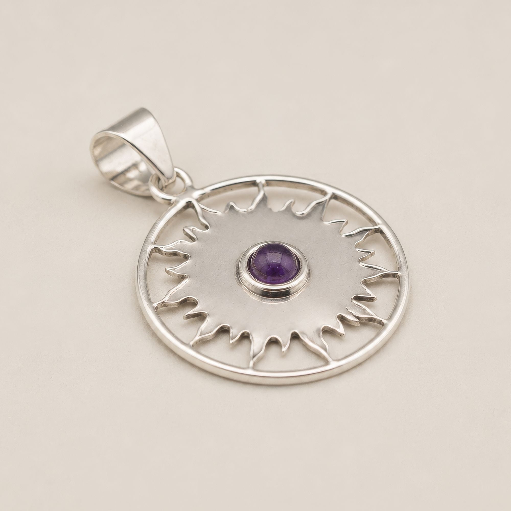 Indian Devotional Pendant - Silver Plated (45cm Cord)- Sun Worship Amethyst