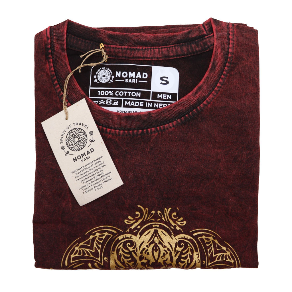 Nomad Sari Stonewashed Cotton T Shirt with Hamsa Design in Maroon