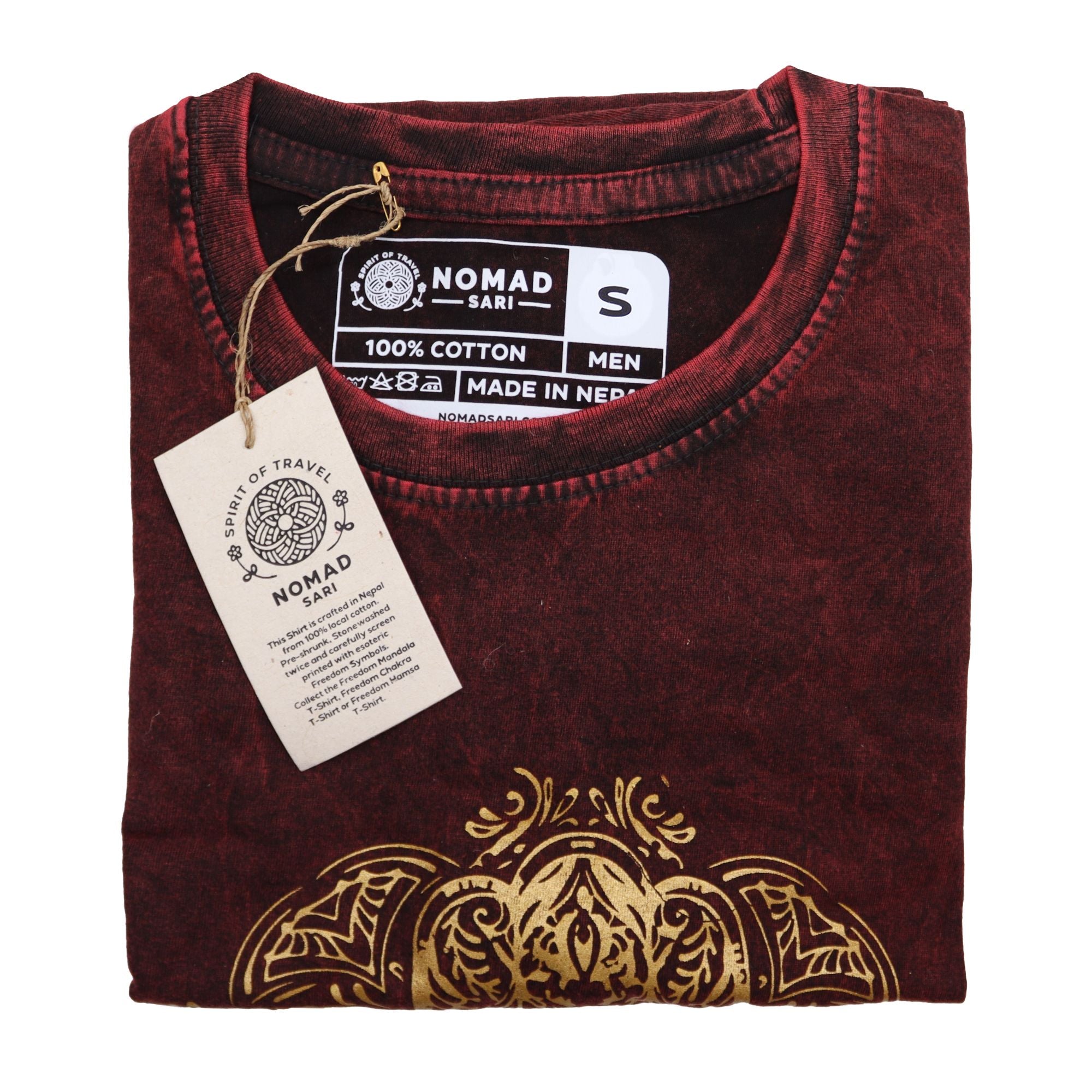 Nomad Sari Stonewashed Cotton T Shirt with Hamsa Design in Maroon