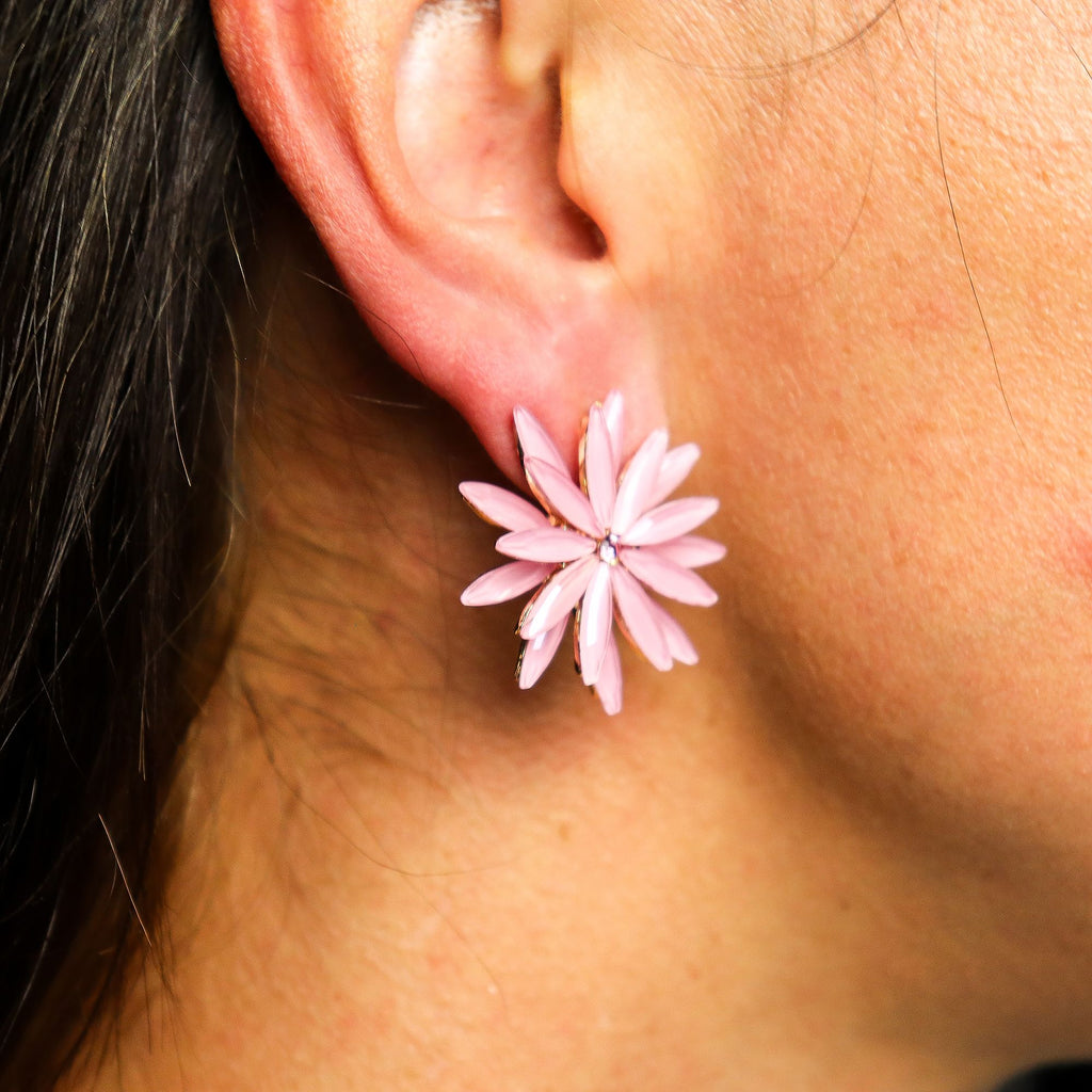 Soft Pink Vintage Glass Flower Earrings with Polished Steel Frame