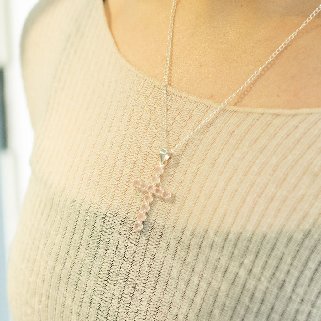 Indian Devotional Pendant with Silver Plated Rose Quartz Crucifix