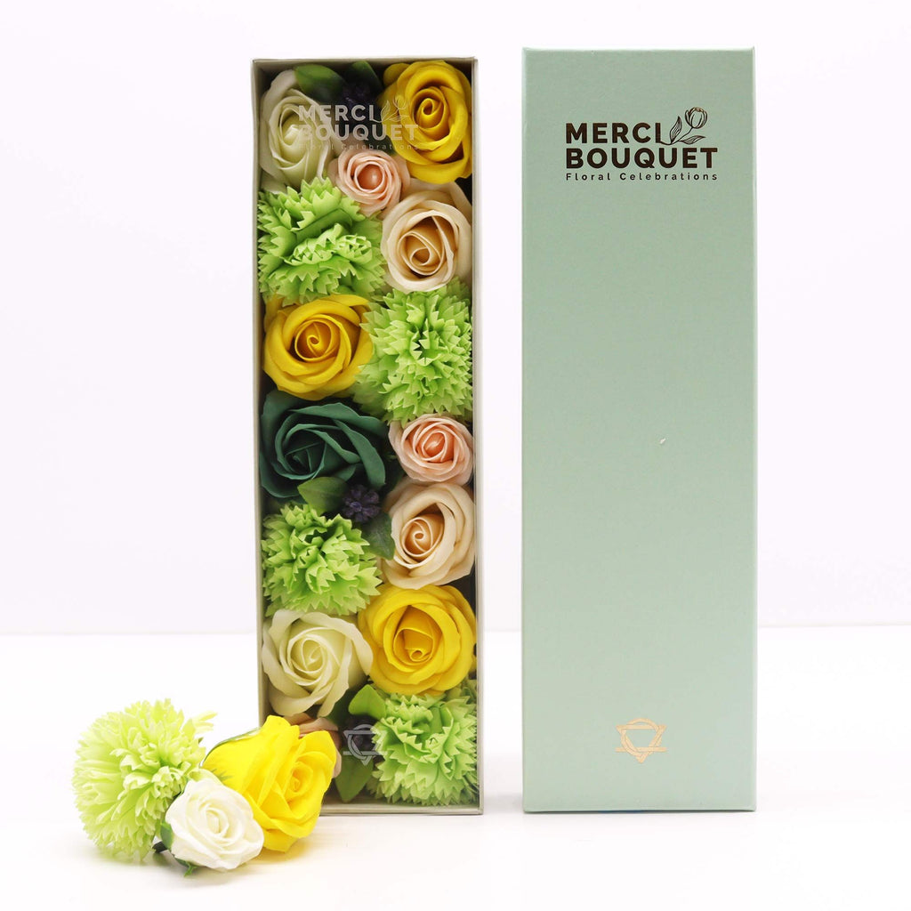Long Box Soap Flowers for Spring Celebrations in Yellow & Greens