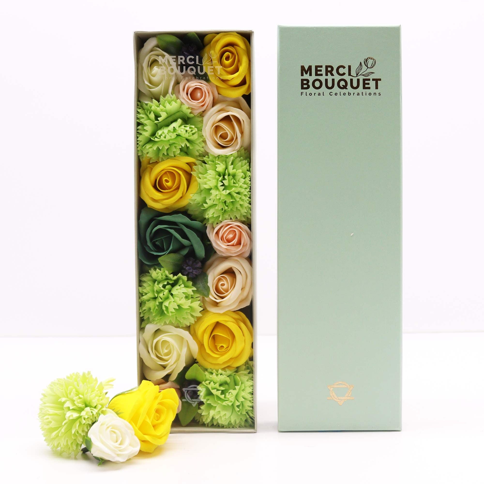 Long Box Soap Flowers for Spring Celebrations in Yellow & Greens