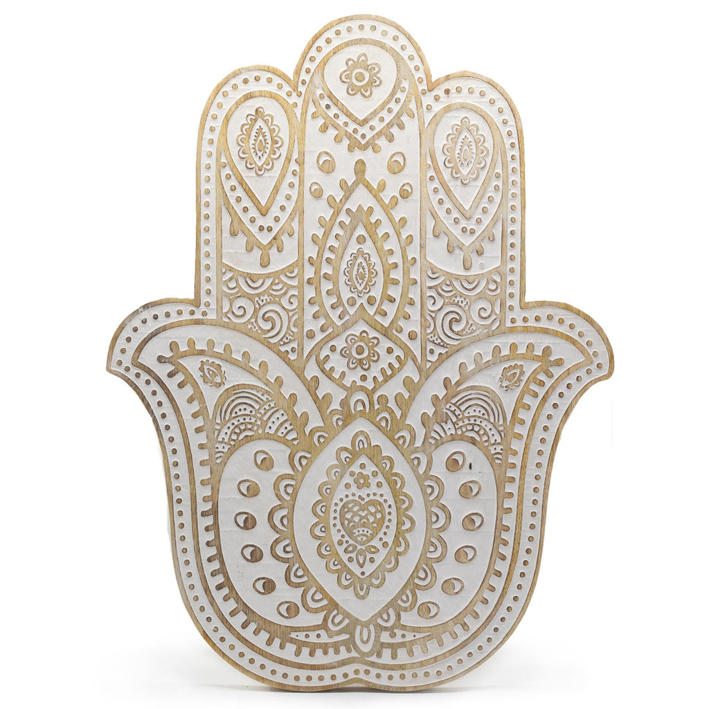 Mango Wood Hamsa Wall Plaque in Whitewash for Home Decor