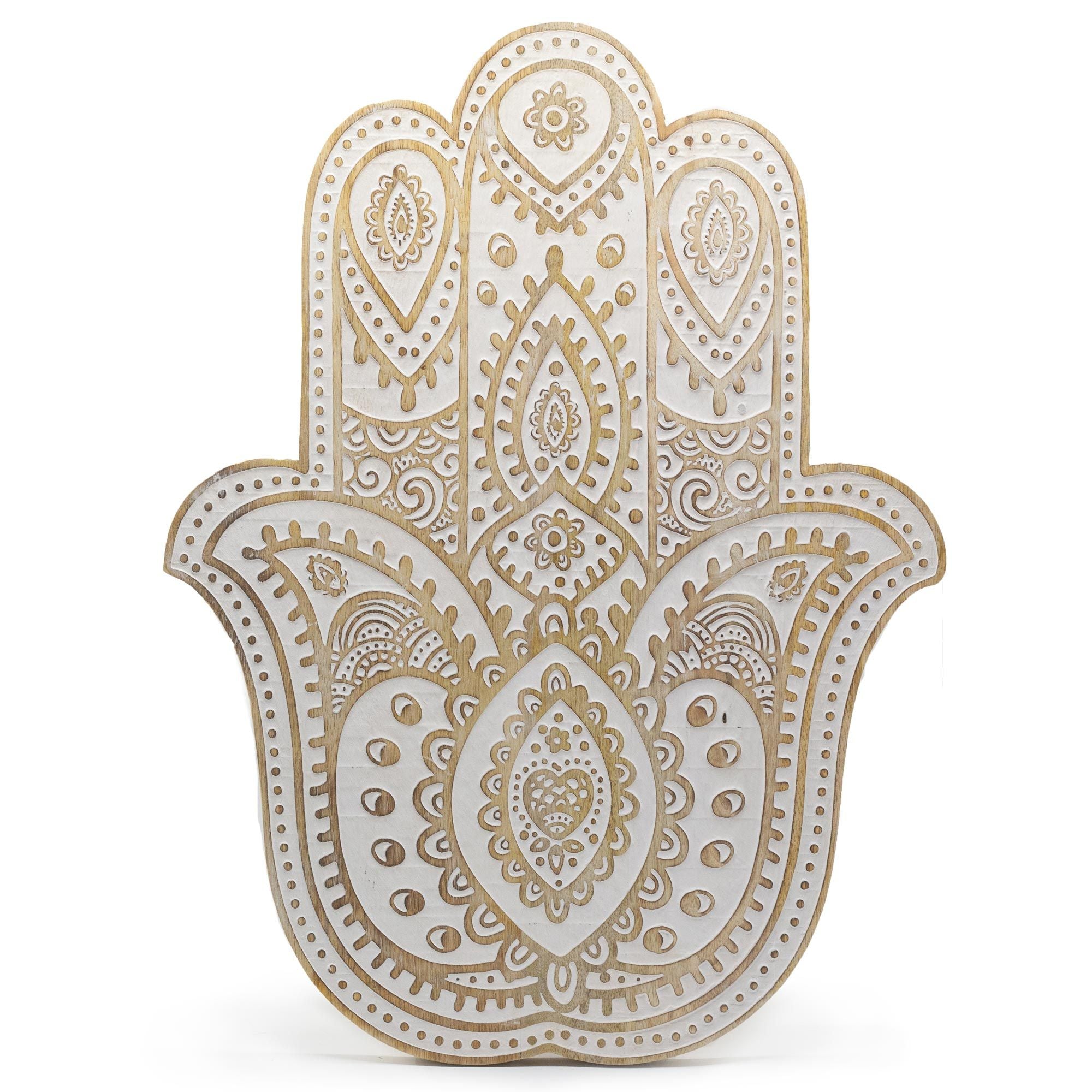 Mango Wood Hamsa Wall Plaque in Whitewash for Home Decor