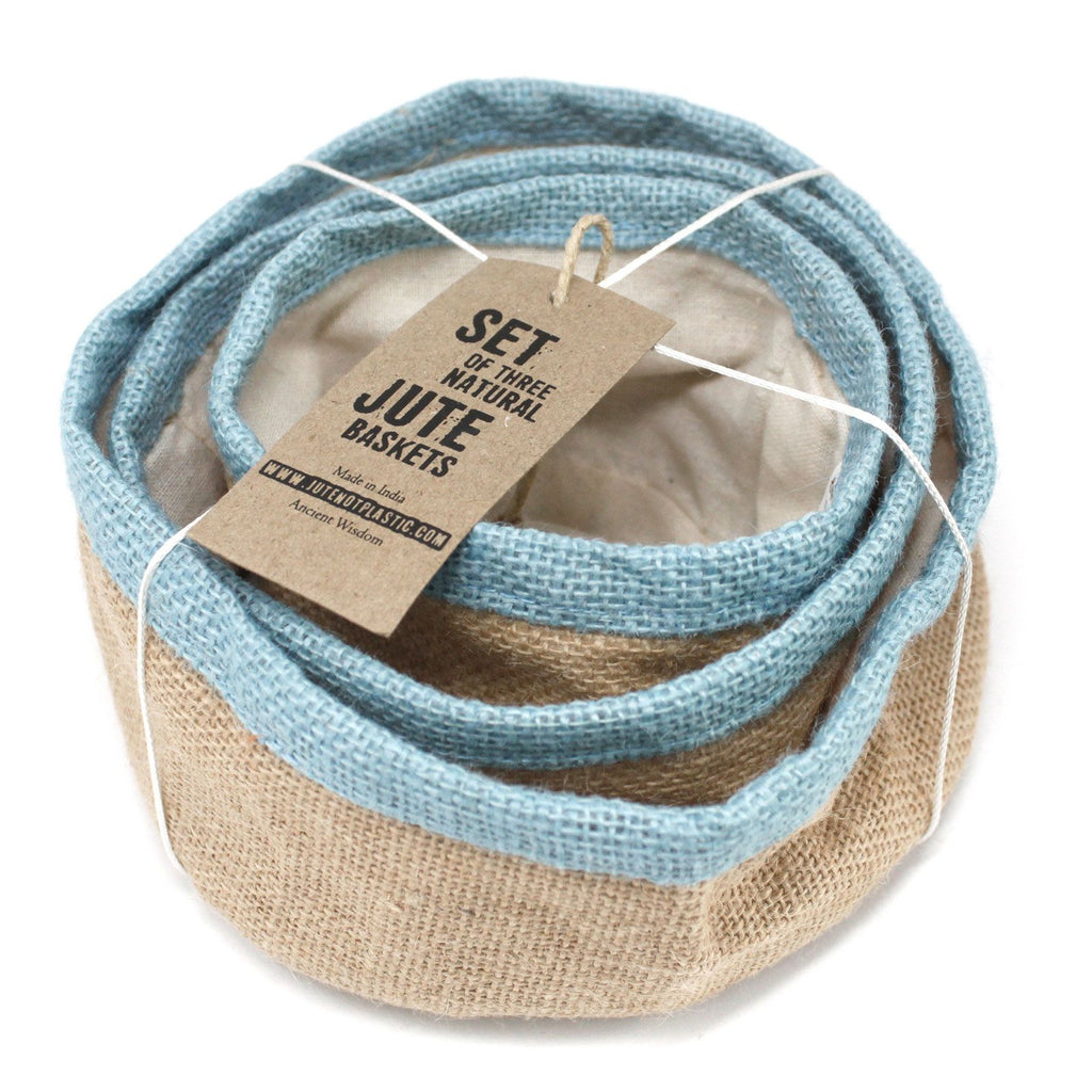 Set of 3 Teal Natural Jute Baskets for Stylish Eco Friendly Storage