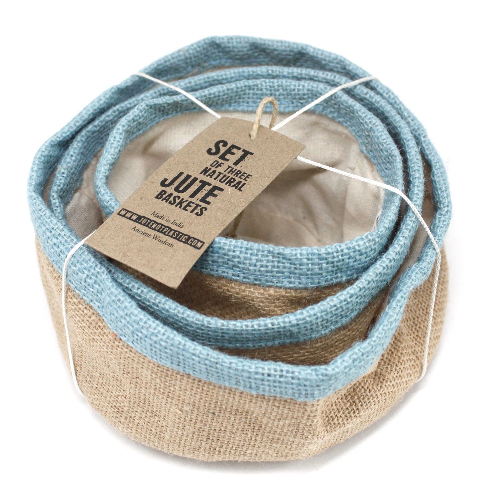 Set of 3 Teal Natural Jute Baskets for Stylish Eco Friendly Storage