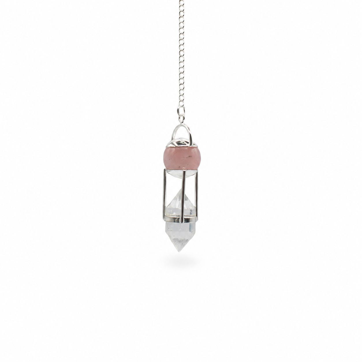 The Heart Whisperer- Double Power Pendulum - Rose Quartz Globe - Clear Quartz Double Terminated