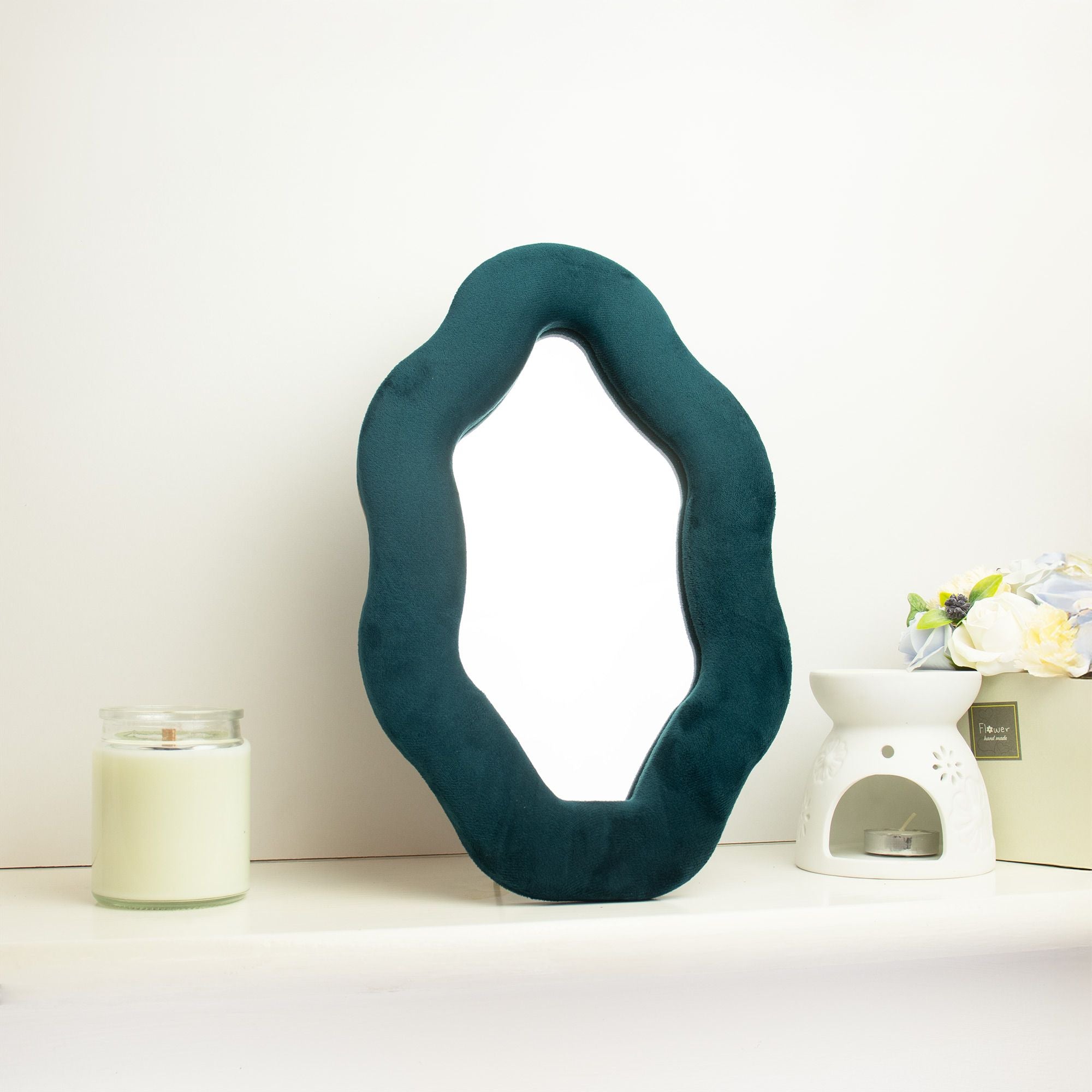 Soft Squiggly Mirror in Royal Teal Oval Pebble Design for Decor