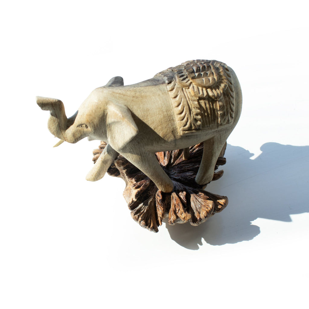 Handmade Parasite Wood Art Carving of a Walking Elephant Sculpture