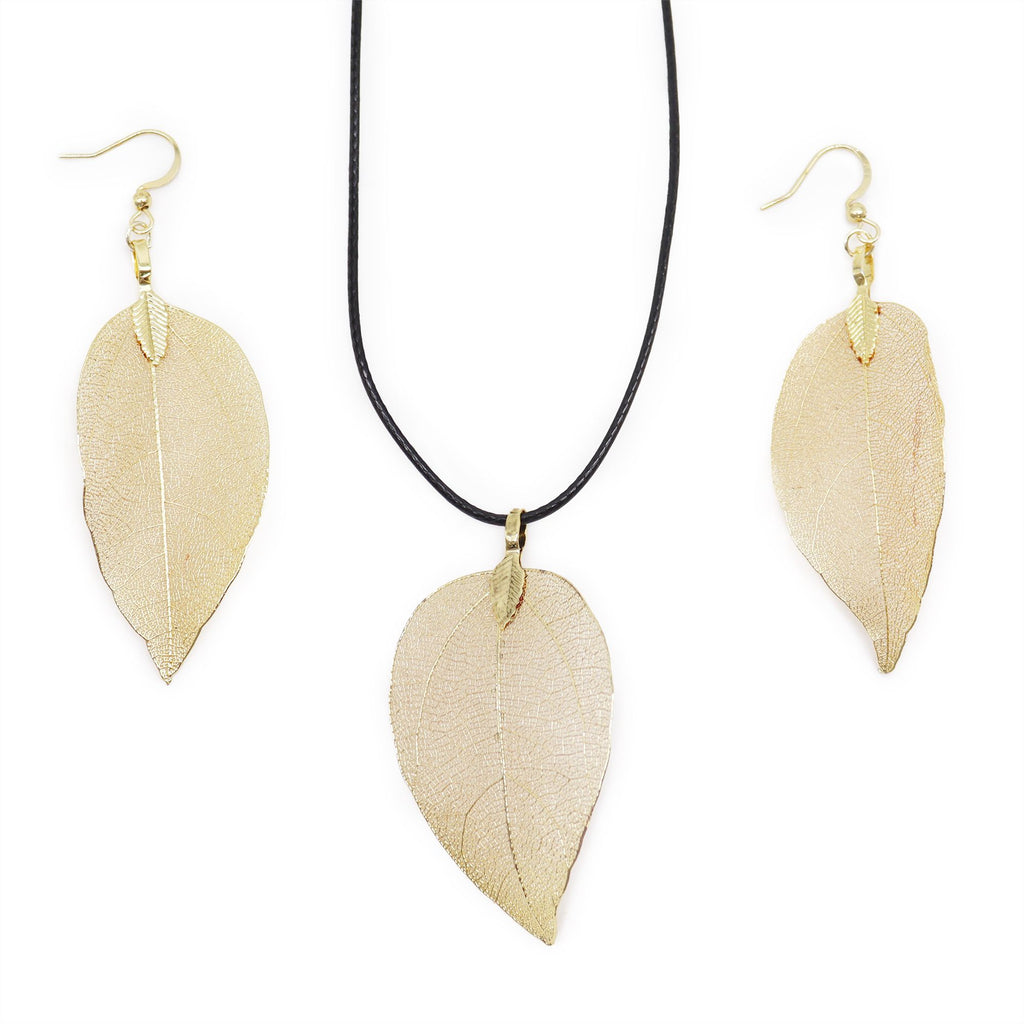 Unique Gold Leaf Necklace and Earring Set for Nature Lovers
