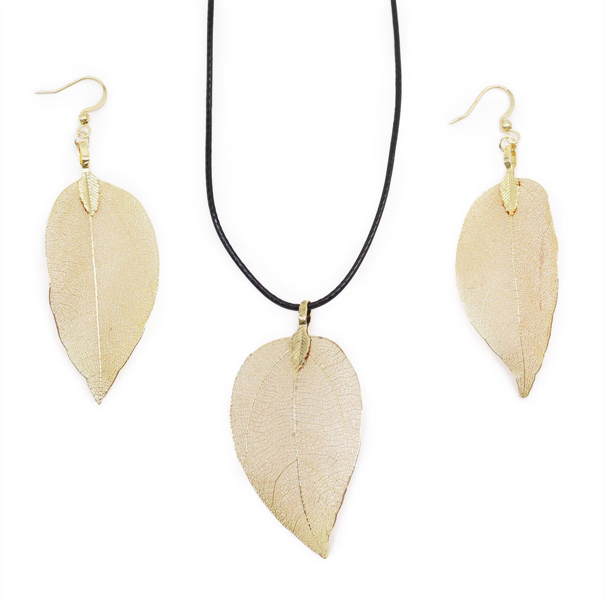 Unique Gold Leaf Necklace and Earring Set for Nature Lovers