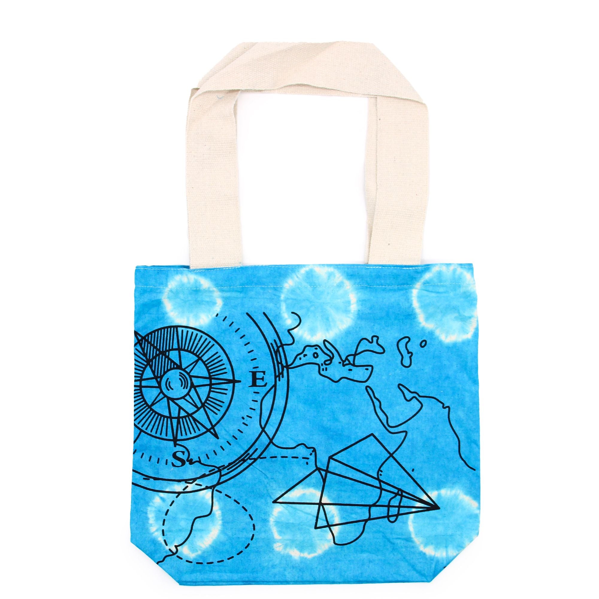Tye Dye Cotton Bag with Compass Design and Natural Handle