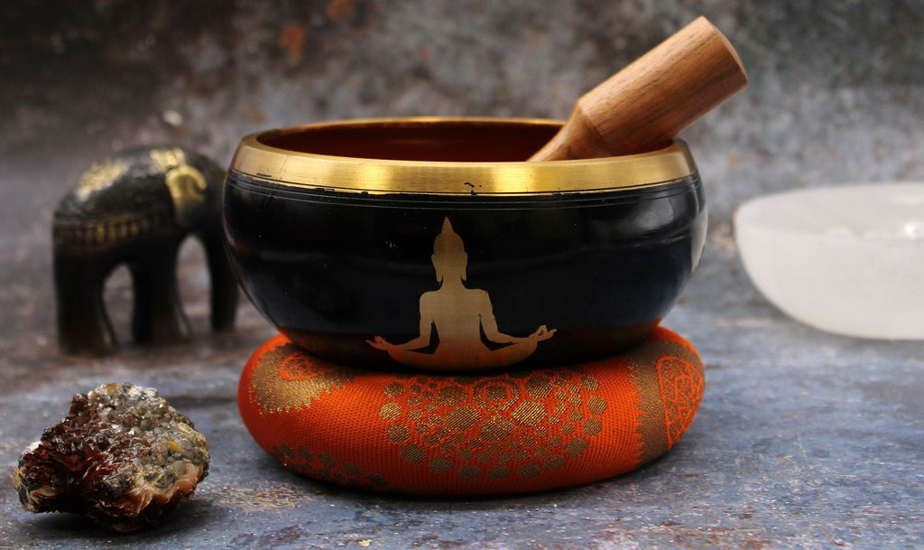 Large Black and Orange Buddha Singing Bowl Set for Home Decor