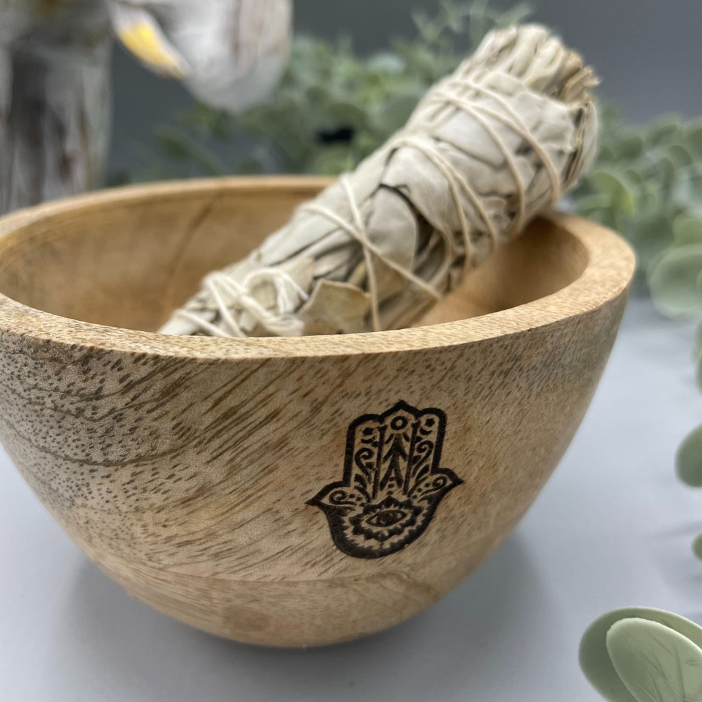 Wooden Smudge and Ritual Offerings Bowl with Hamsa Design 11x7cm