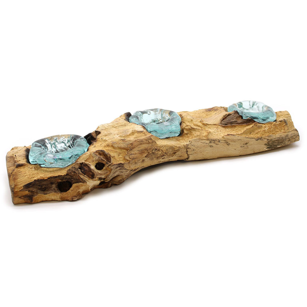 Molton Glass Flat Triple Candle Holder on Wood for Home Decor