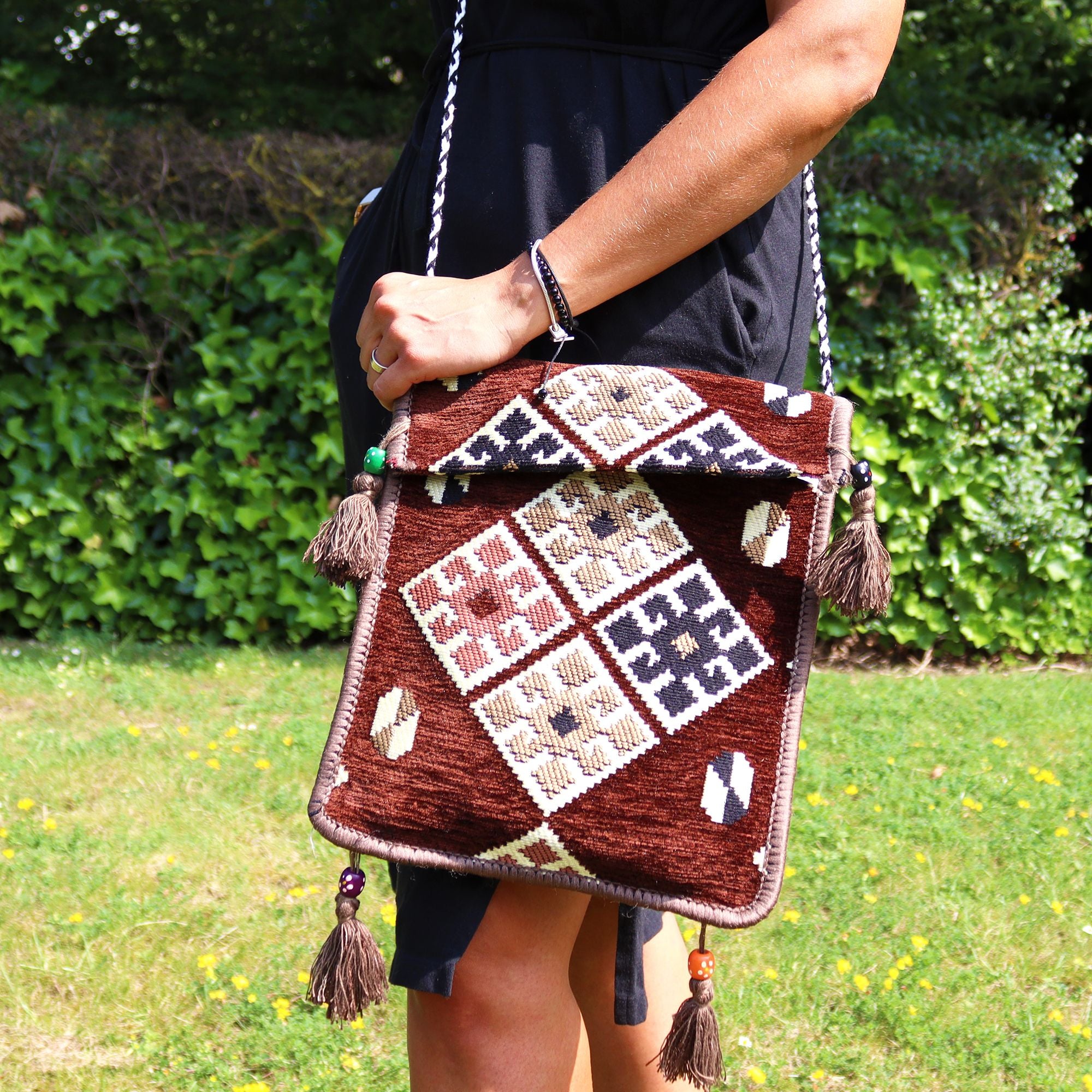 Chocolate Kilim Messenger Festival Bag with Intricate Patterns