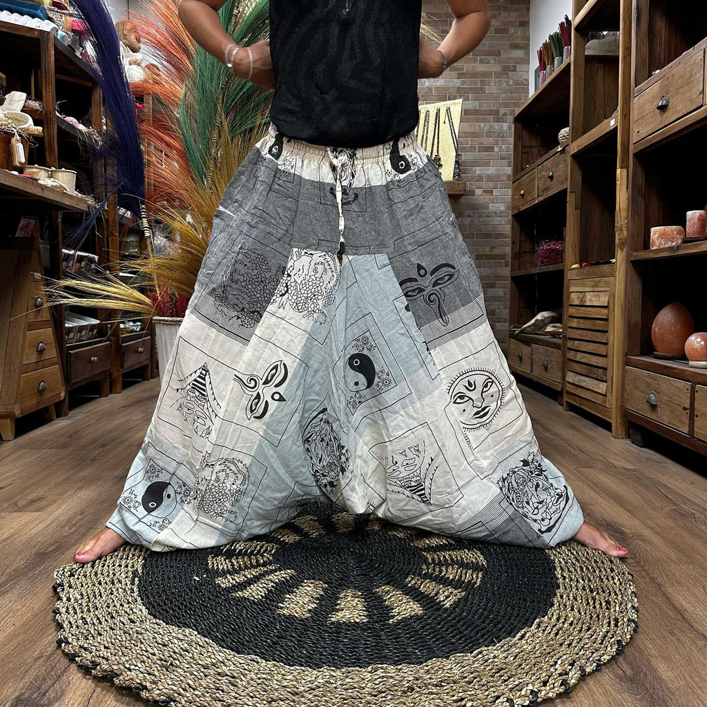 Yoga and Festival Pants with Aladdin Himalayan Print on Grey