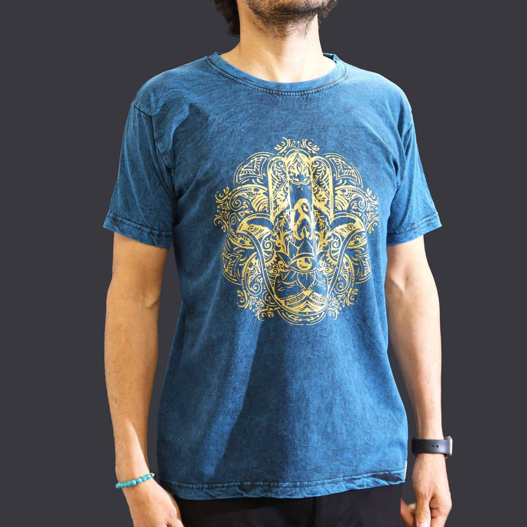 Nomad Sari Stonewashed Cotton T Shirt with Hamsa Design in Blue