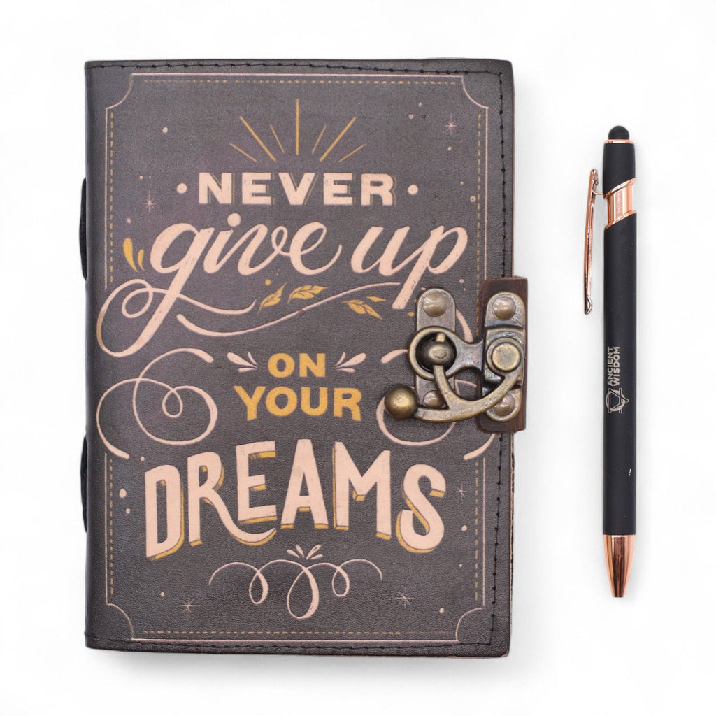 Leather Printed Notebook with Never Give Up On Your Dreams Quote