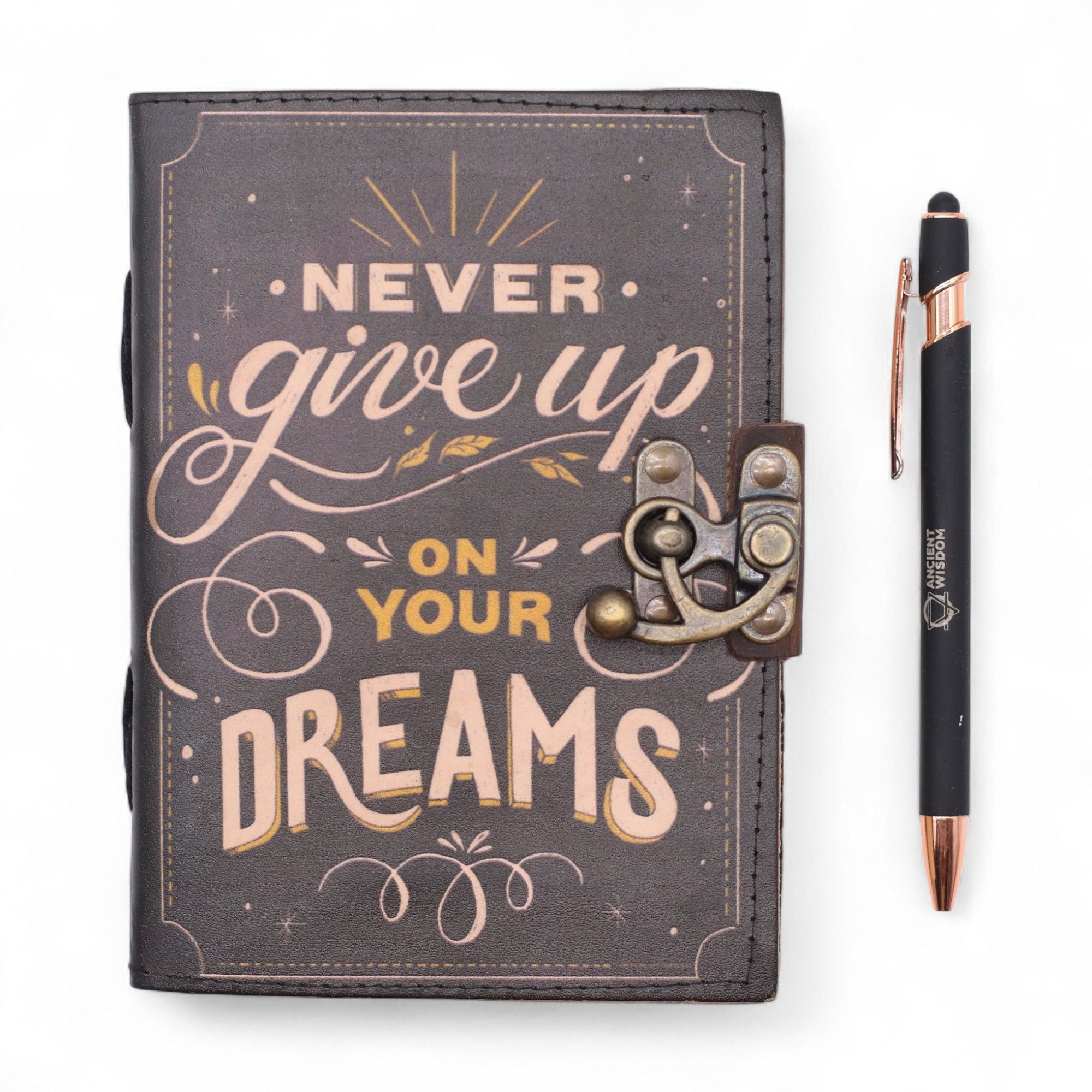 Leather Printed Notebook with Never Give Up On Your Dreams Quote