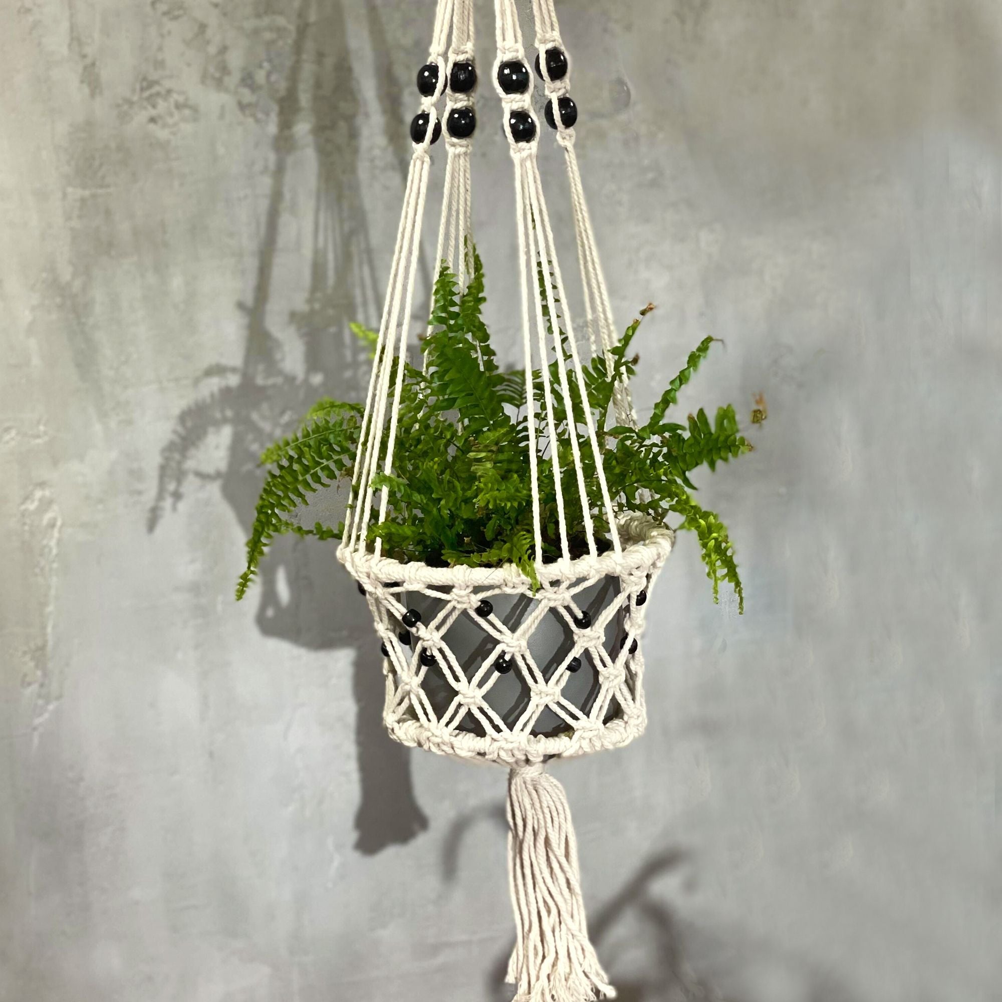 Large Single Beaded Macrame Pot Holder for Home Decor Display