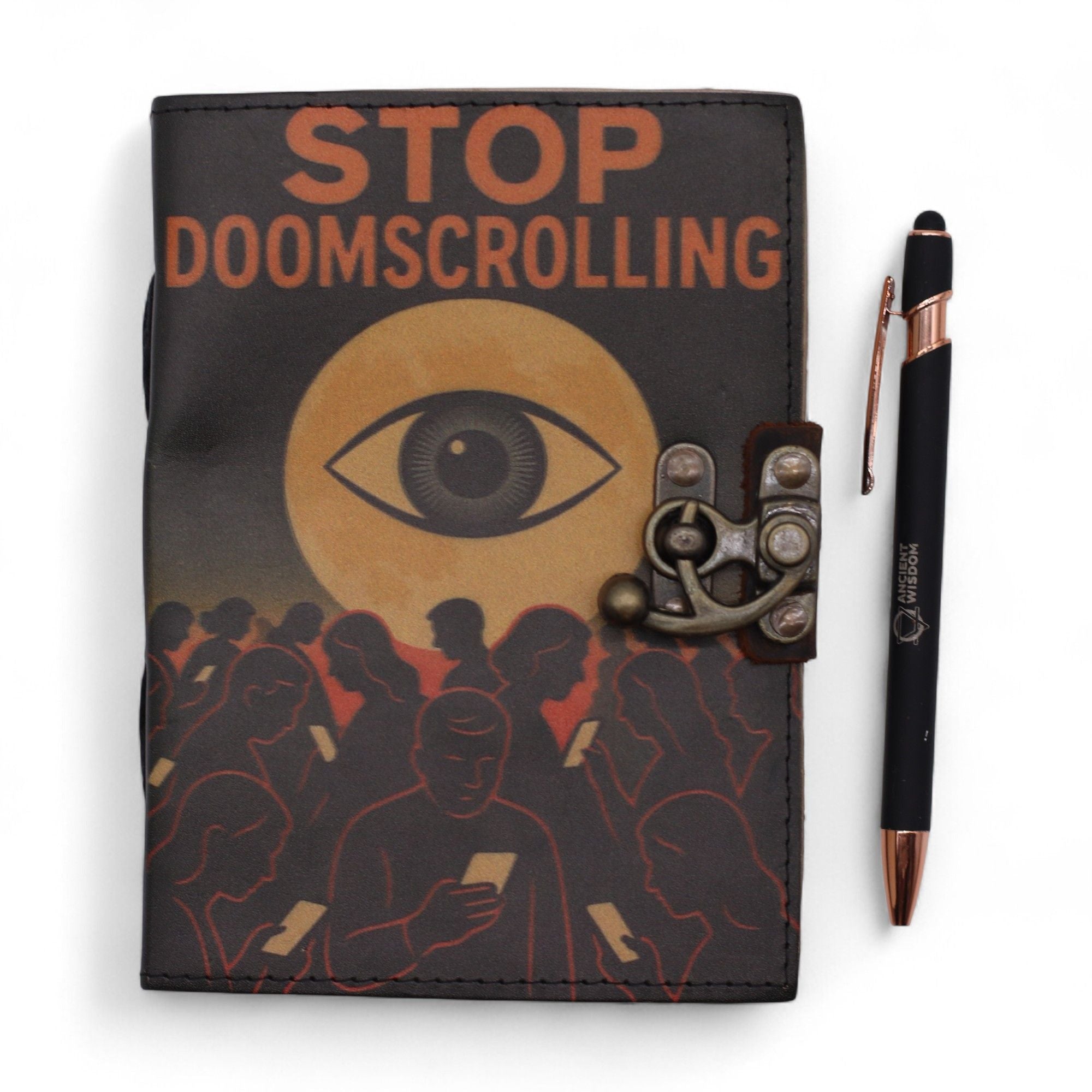 Leather Printed Notebook Stop Doom Scrolling with Vintage Clasp