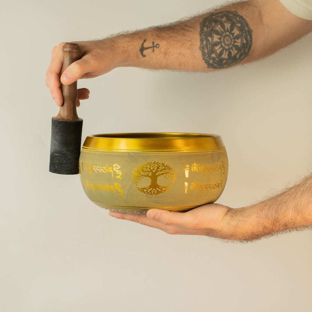 Large Aluminum Singing Bowl with Buddha and Tree of Life Design
