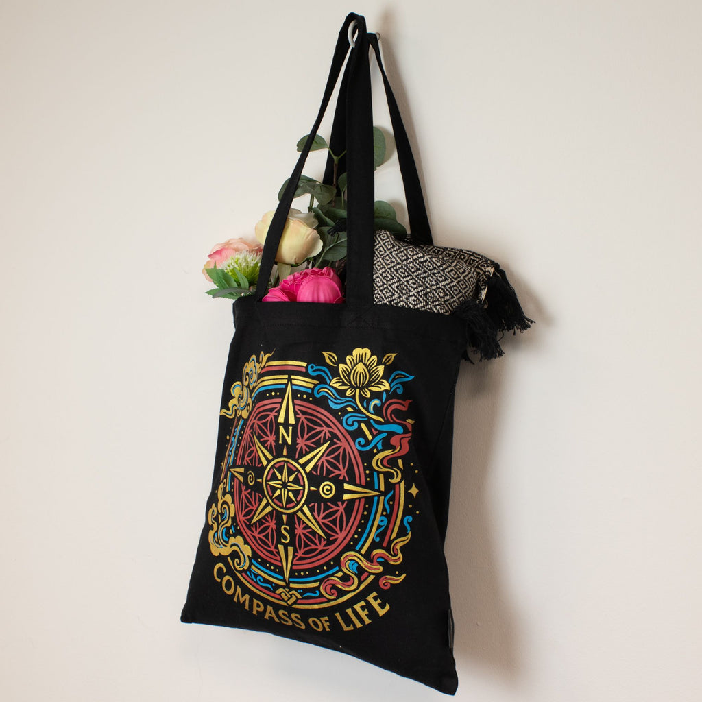 Iconic Classic Tote Bag with Compass of Life Black Cotton Design