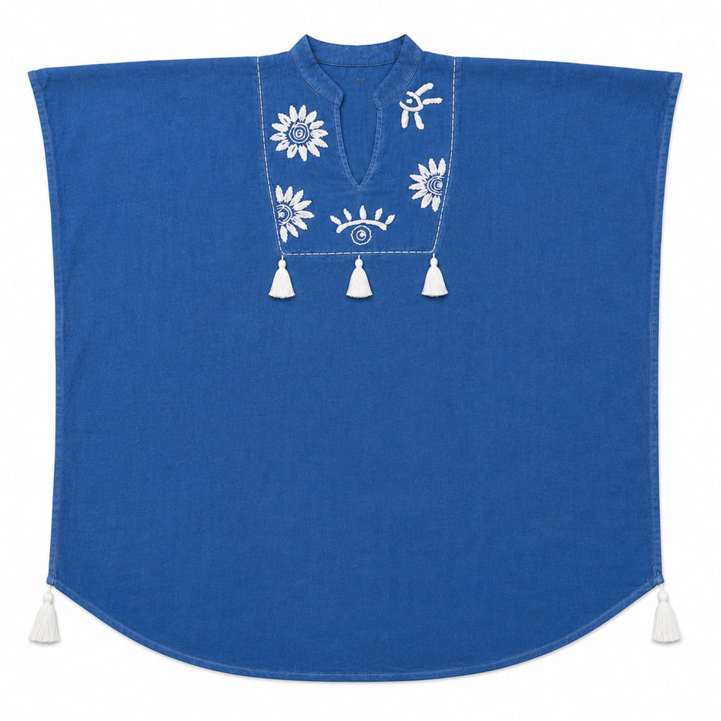 Nomad Sari Kaftan in Blue with Cream Embroidery and Tassels