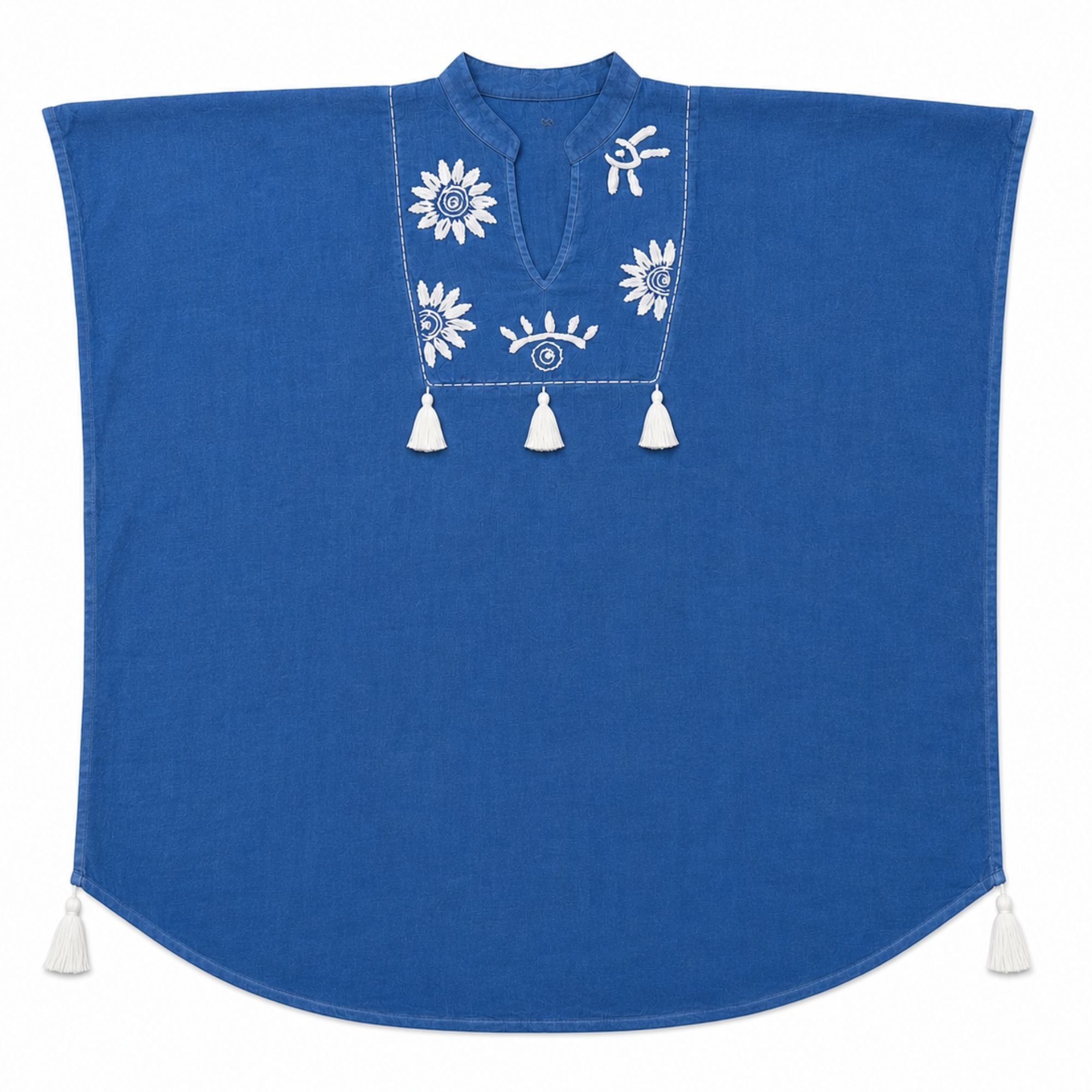Nomad Sari Kaftan in Blue with Cream Embroidery and Tassels