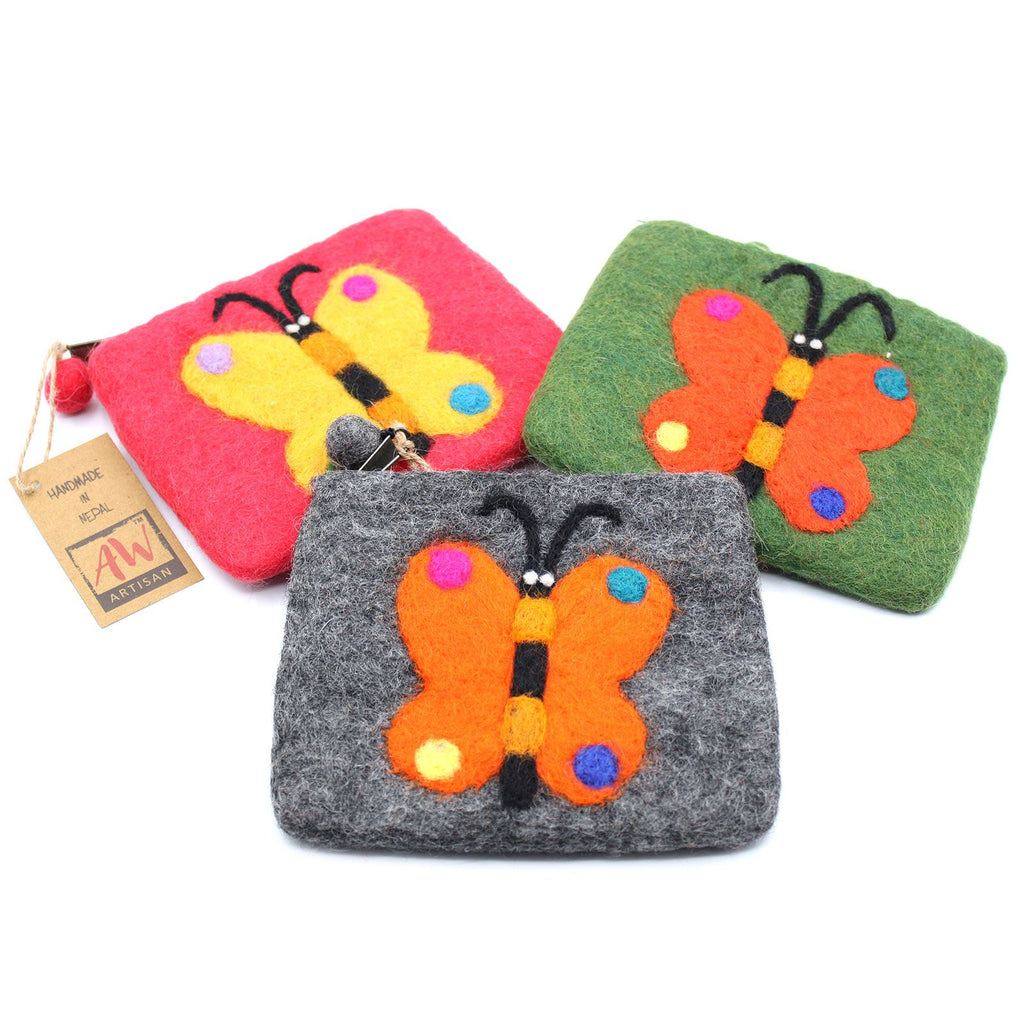 Natural Felt Zipper Pouch with Big Butterfly Design Assorted