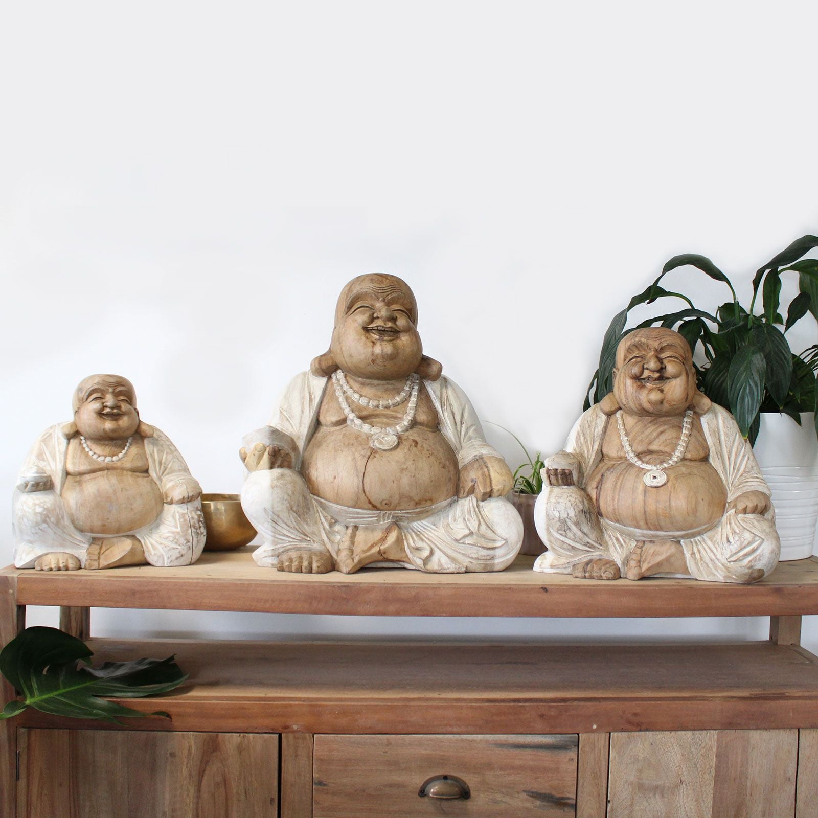 Happy Buddha Whitewash 30cm Hand Carved Decorative Statue