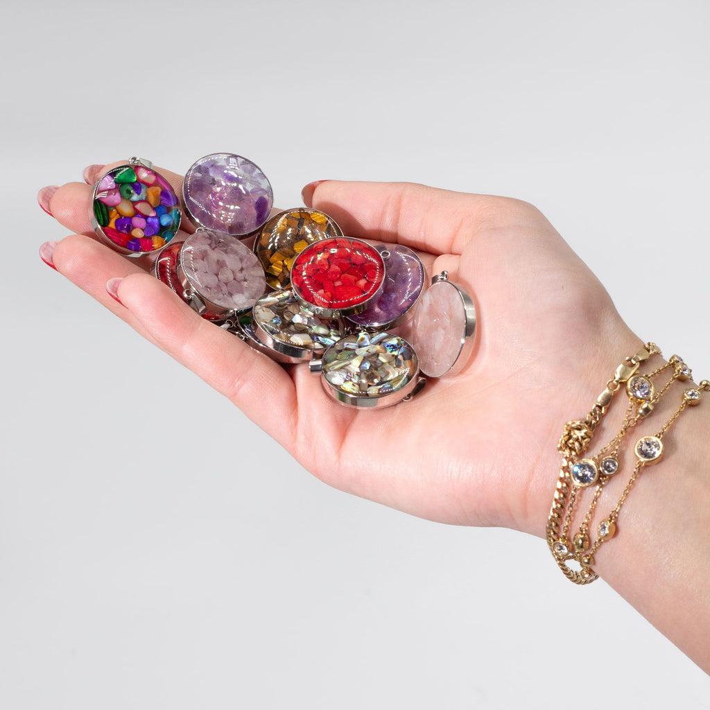Steel Cased Pendant Round with 12 Assorted Gemstone Chips & Shells