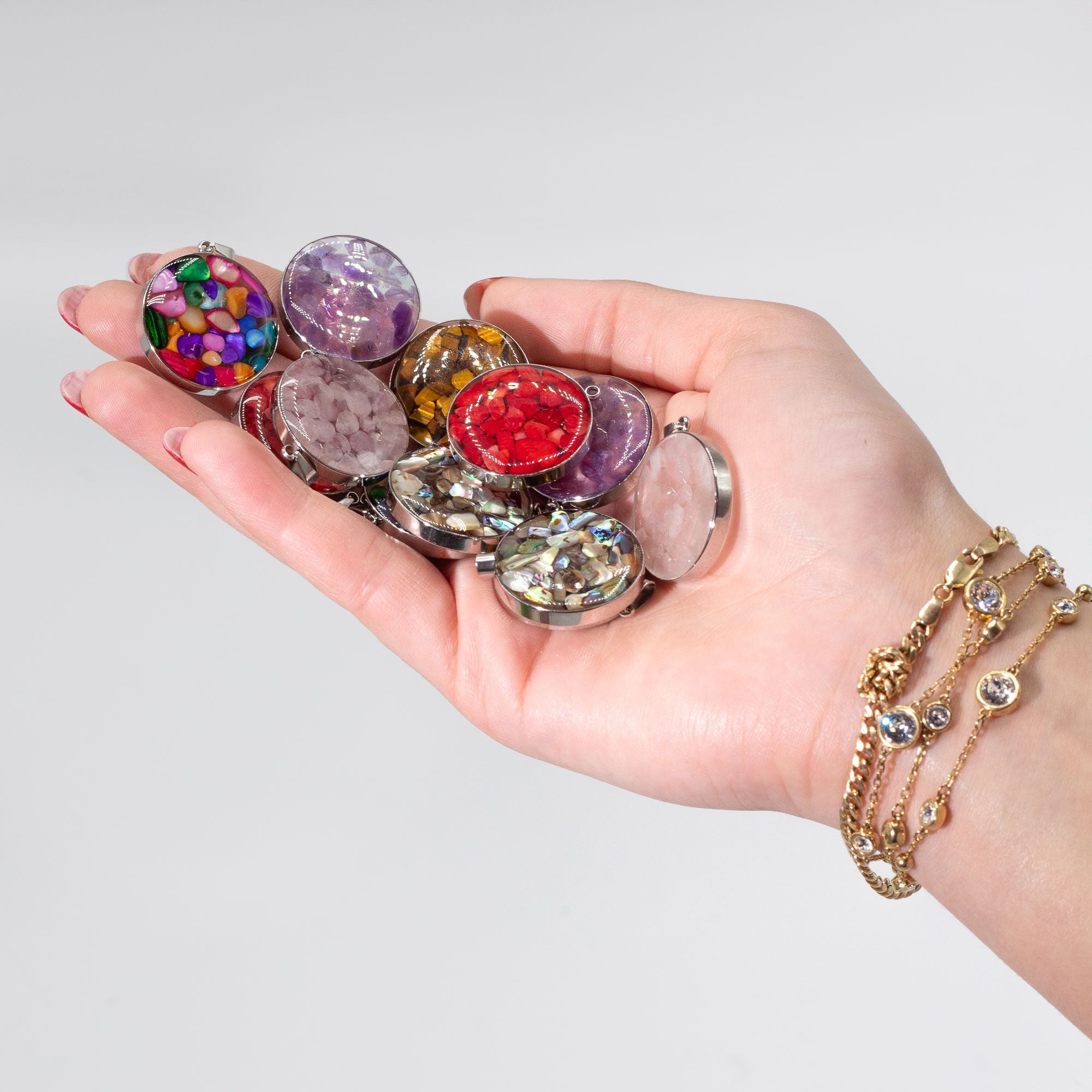 Steel Cased Pendant Round with 12 Assorted Gemstone Chips & Shells
