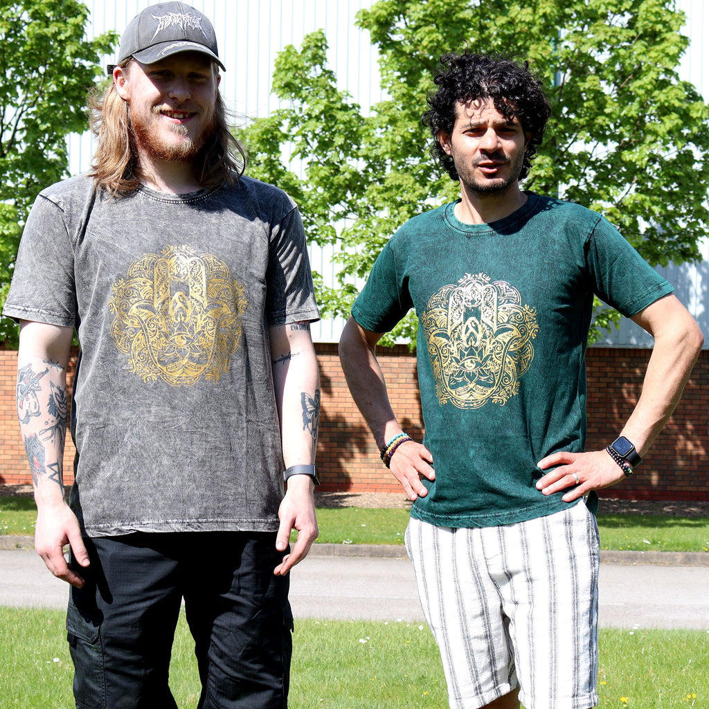 Nomad Sari Stonewashed Cotton T Shirt with Hamsa Design Dark Grey