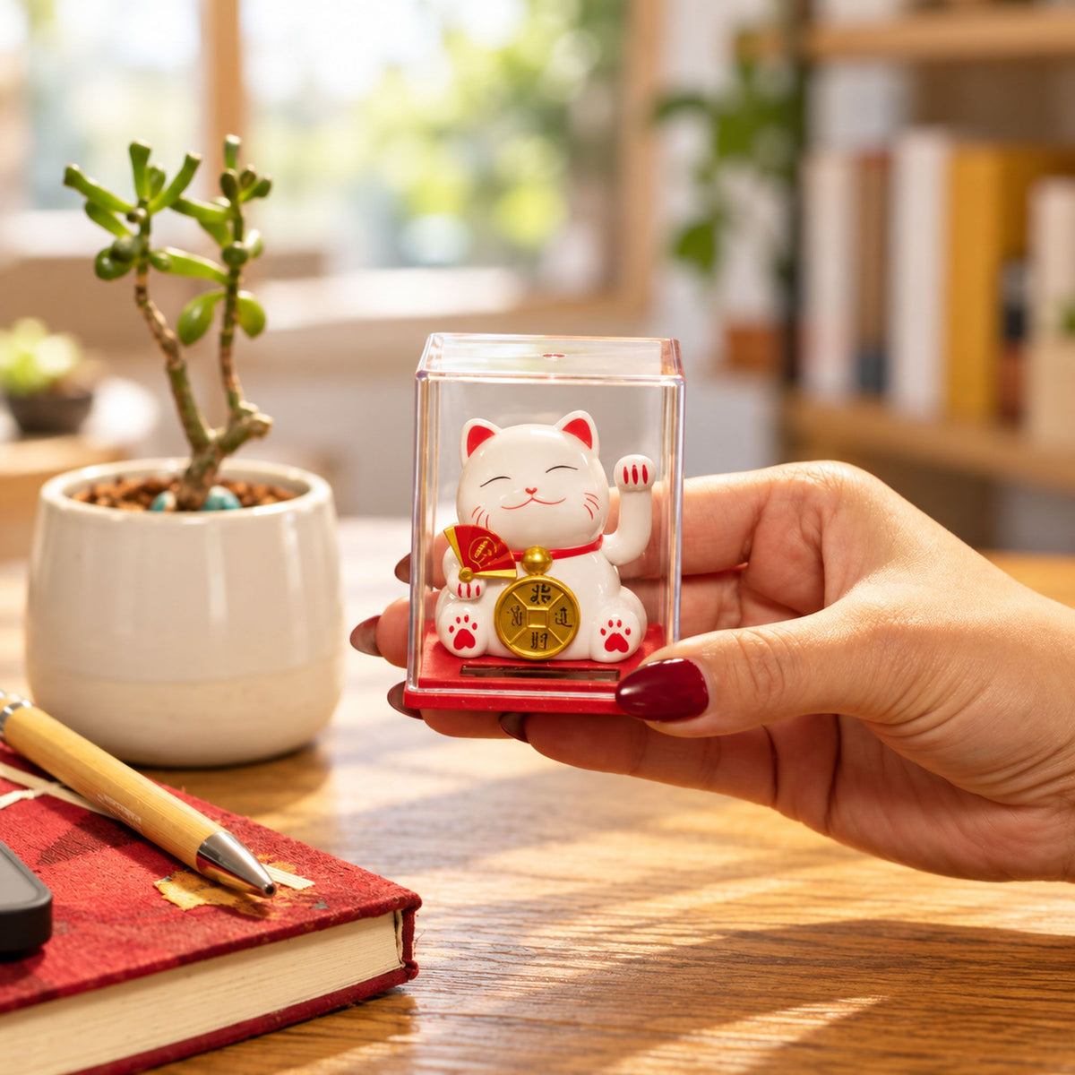 Mini Solar Powered Japanese Lucky Cat in Display Box – White