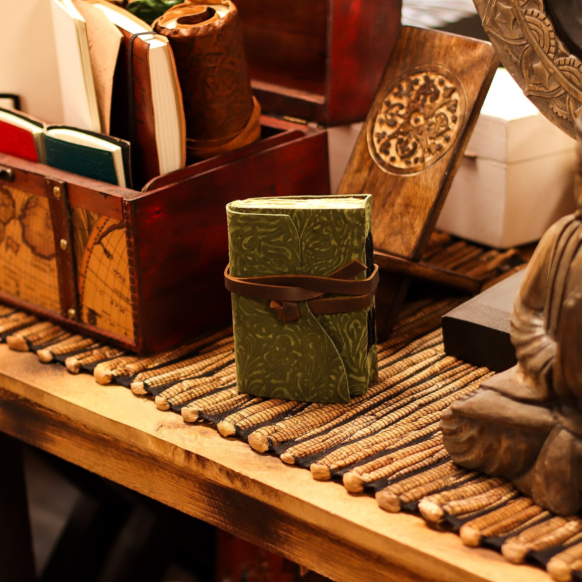 Fat Deckled Leather Notebook with Green Maze Pattern for Writing
