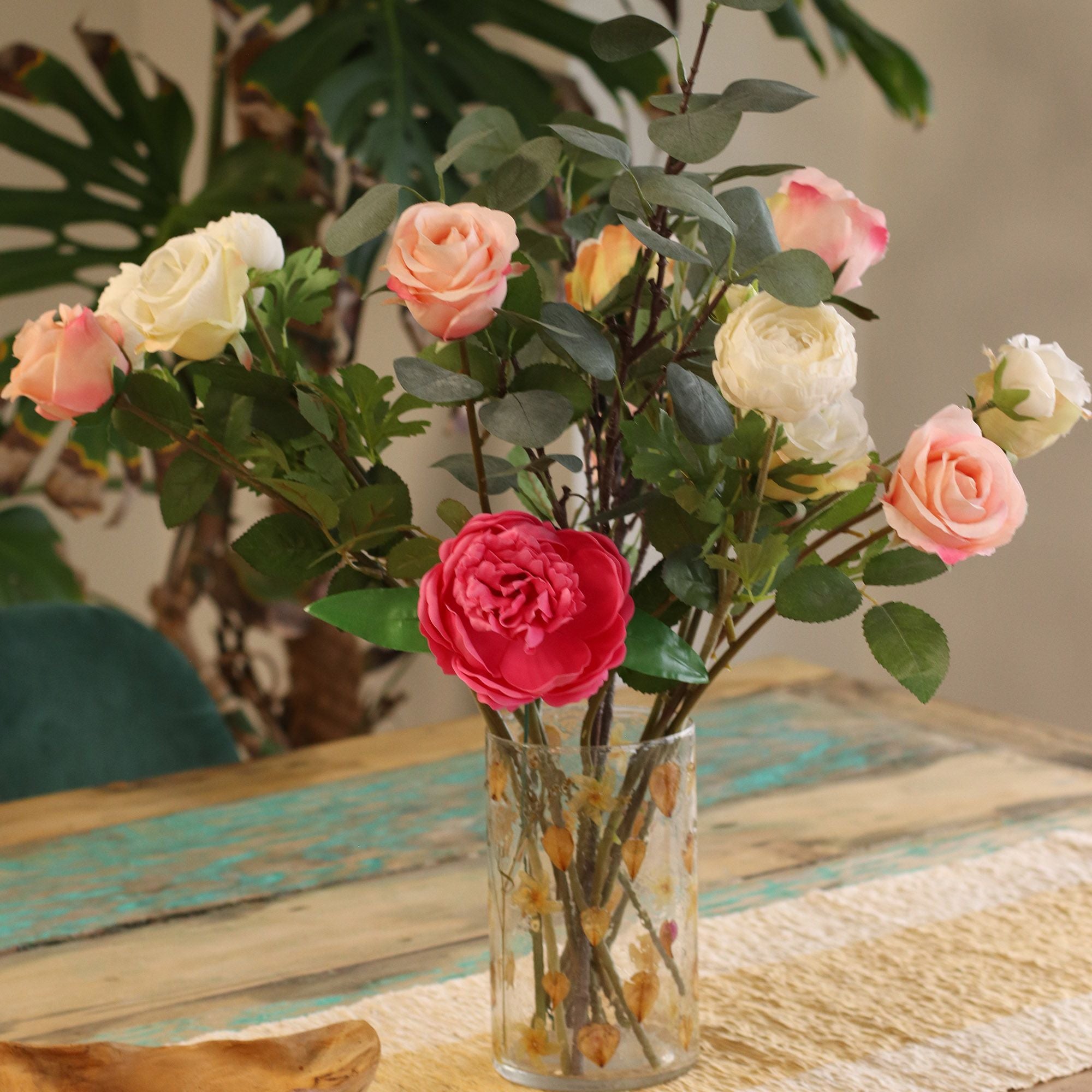 Natural Floral Glass Tall Vase Candle Holder with Dried Flowers