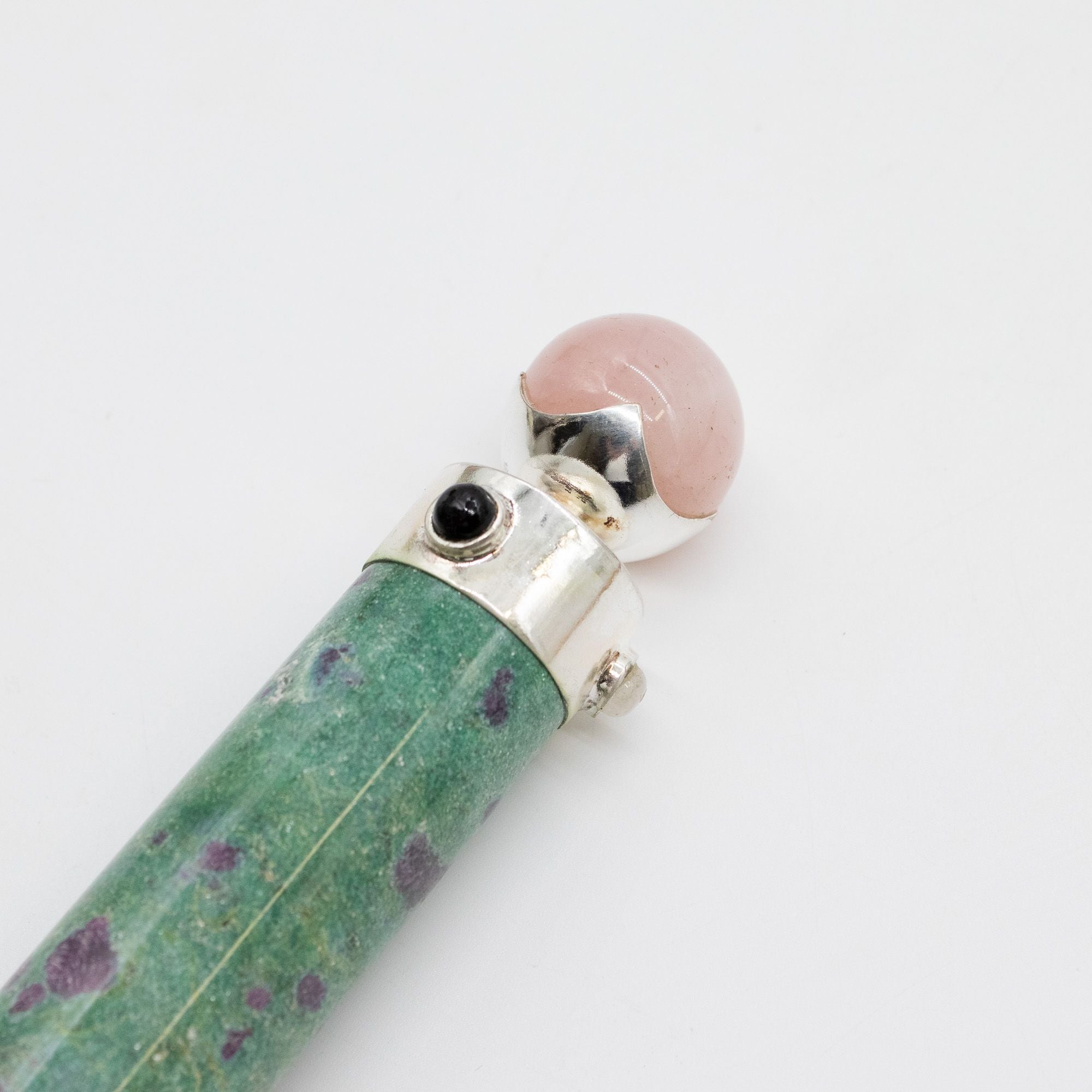 Verdant Heart Wand - Ruby Fuchsite Rose Quartz Crystal Ball top - 23cm