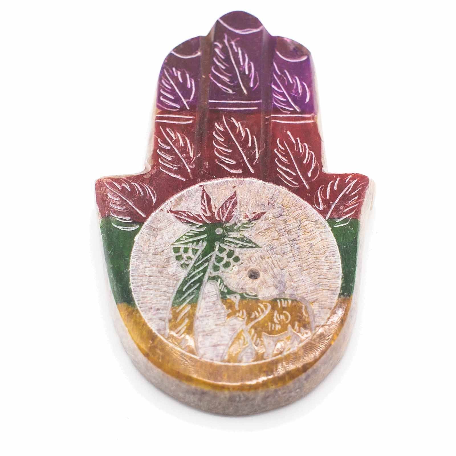 Soapstone Hamsa Incense Holder with Elephant and Palm Design